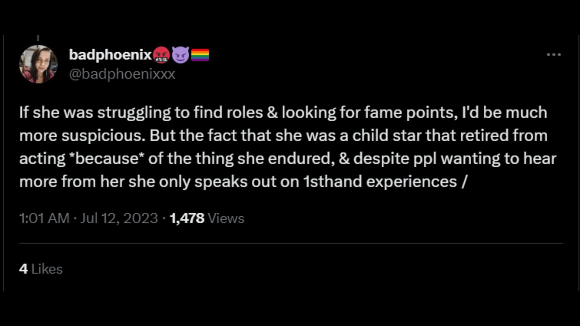 A tweet claiming how Alexa spoke from her first-hand experience of abuse from Hill. (Image via Twitter/badphoenix)