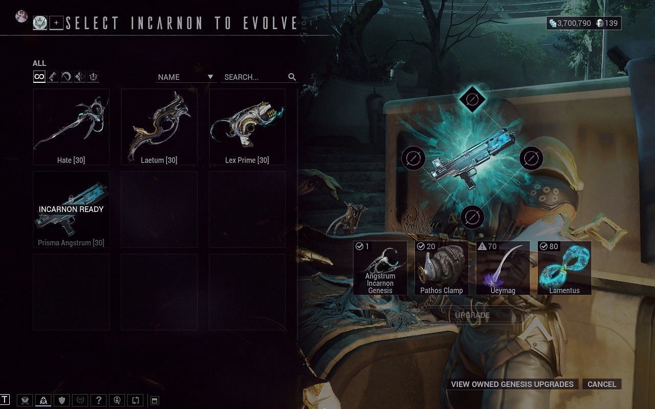 All Incarnon adapters must be synthesized by Cavalero before you can place them on your weapons (Image via Digital Extremes)