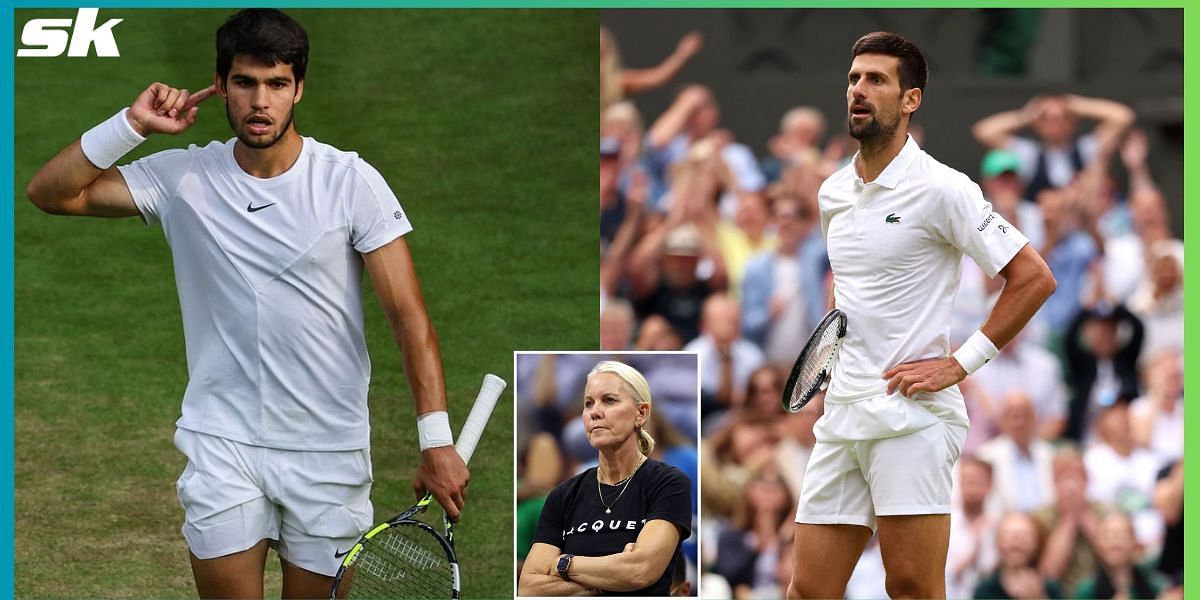 Carlos Alcaraz (L), Rennae Stubbs (inset) and Novak Djokovic (R)