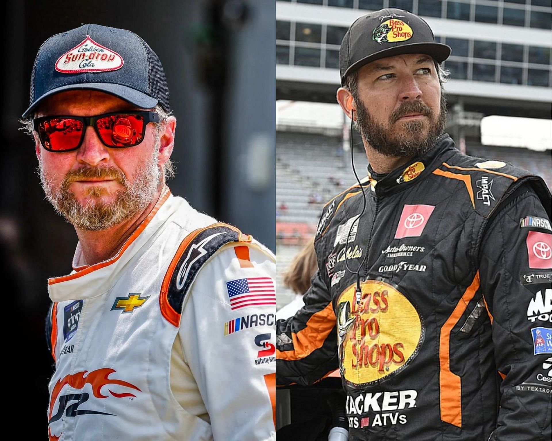 (L-R) Former NASCAR Cup Series driver Dale Earnhardt Jr. along side current Joe Gibbs Racing driver Martin Truex Jr. 