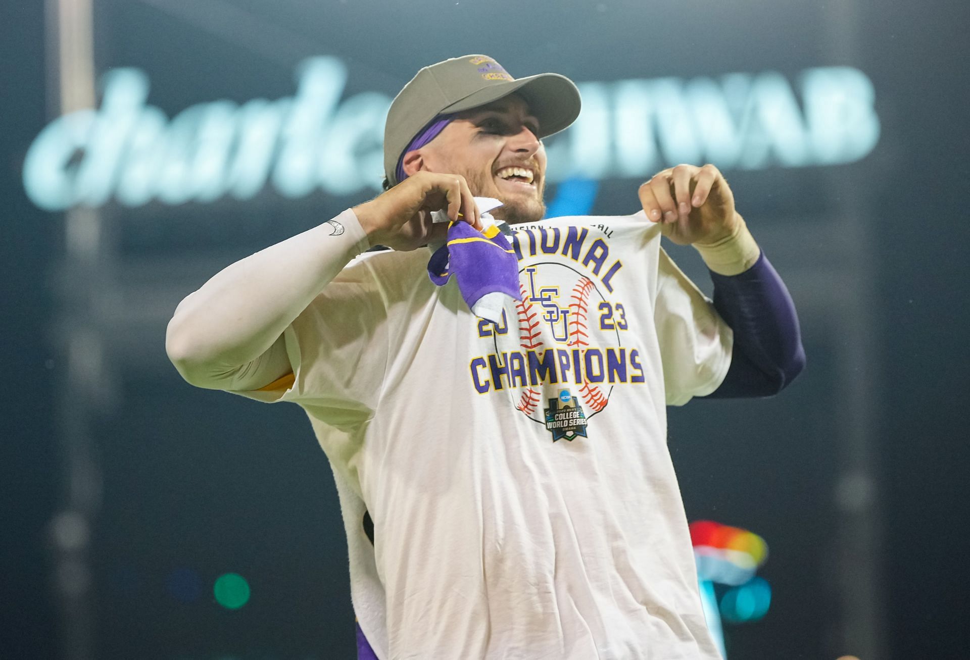 Dylan Crews of the LSU Tigers celebrates after winning the NCAA College World Series at Charles Schwab Field