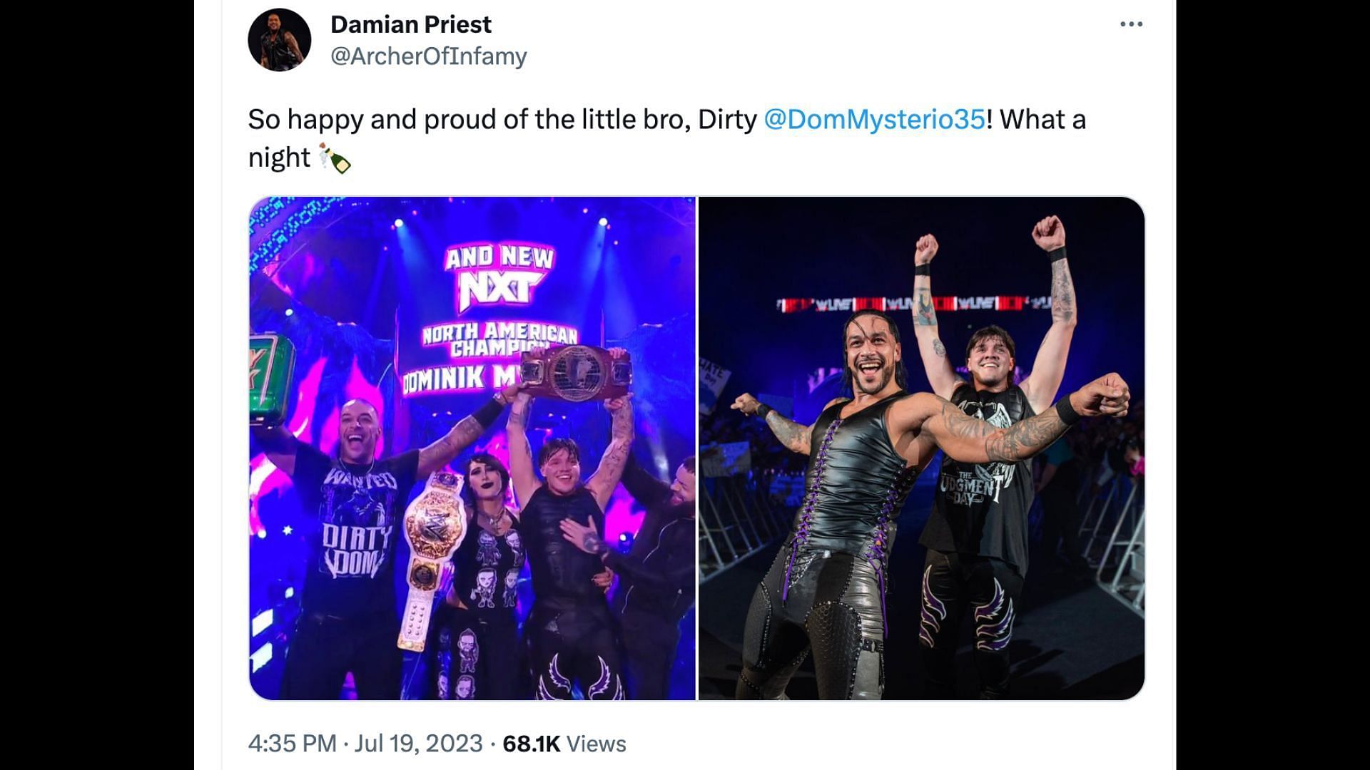 Damian Priest congratulates Dominik Mysterio on Twitter.