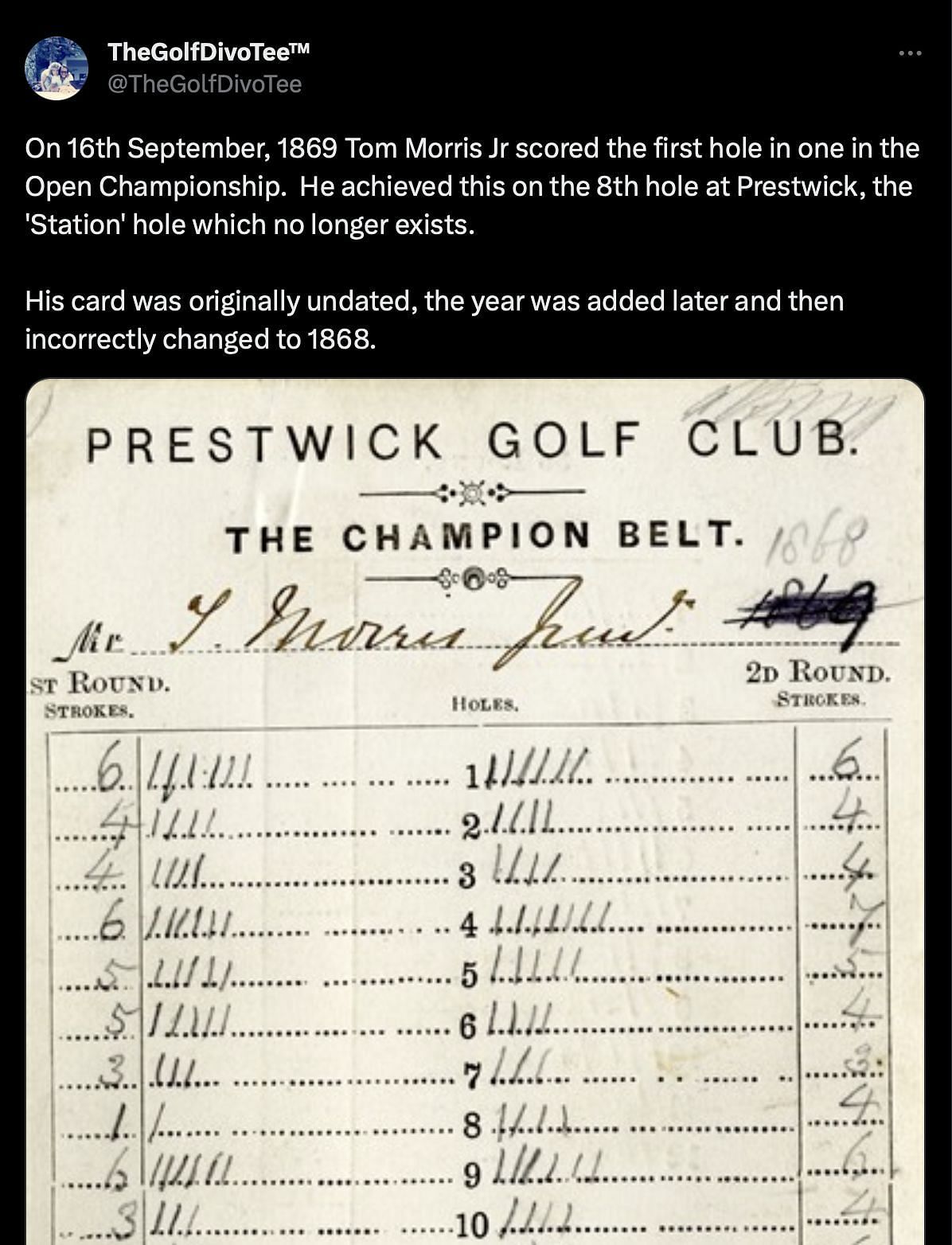 Morris Jr.&#039;s hole-in-one card at the Open (Image via Twitter)