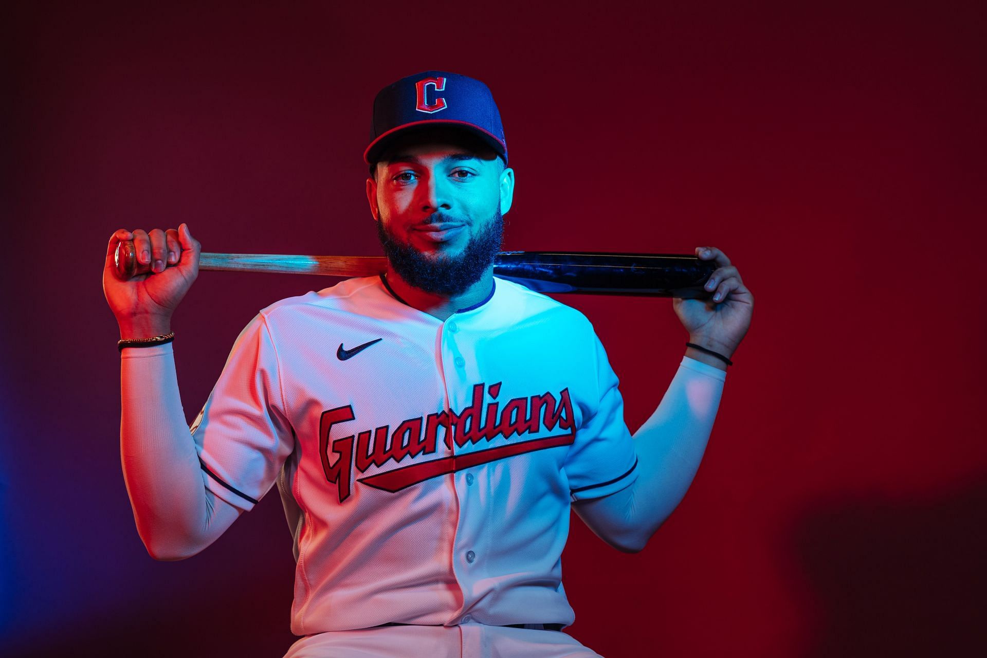 George Valera #76 of the Cleveland Guardians poses for a photo during media day at Goodyear Ballpark