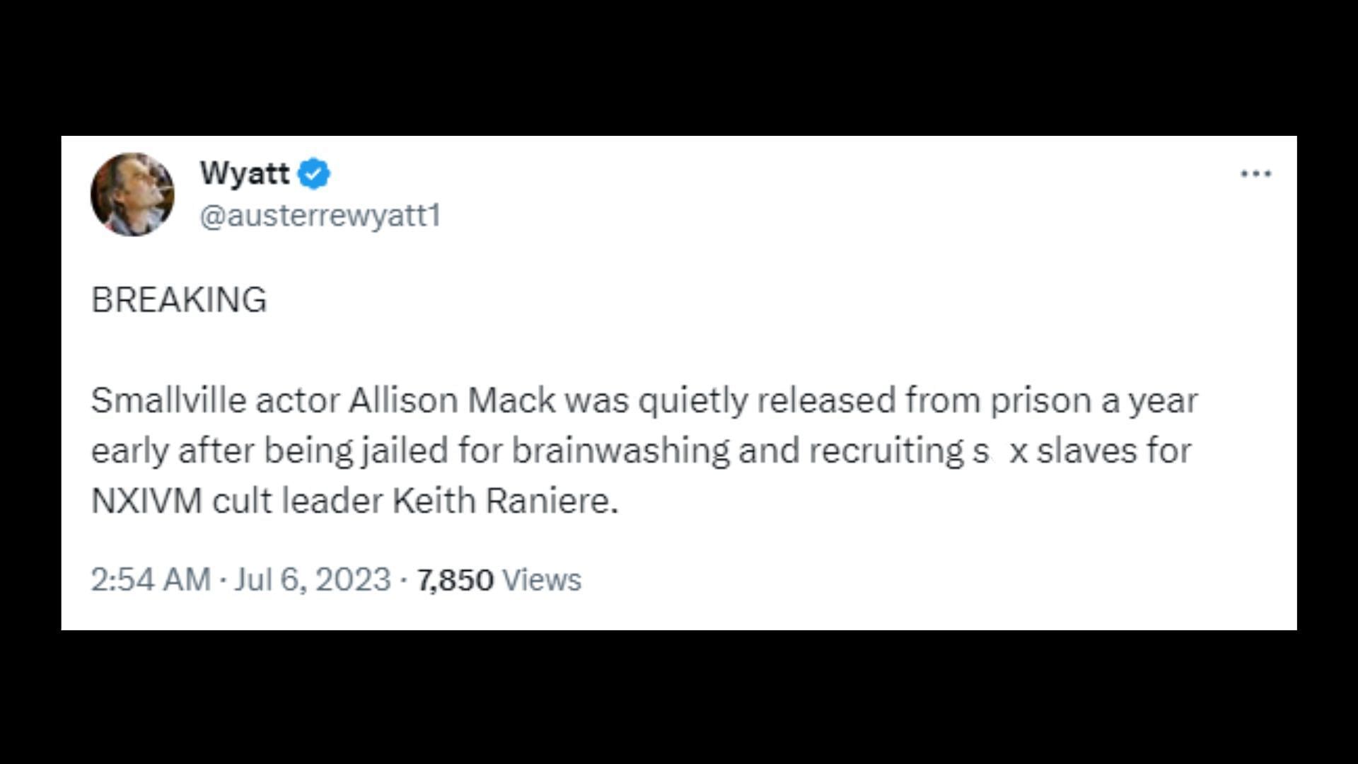 Allison Mack has been released from prison (Image via austerrewyatt1/Twitter)