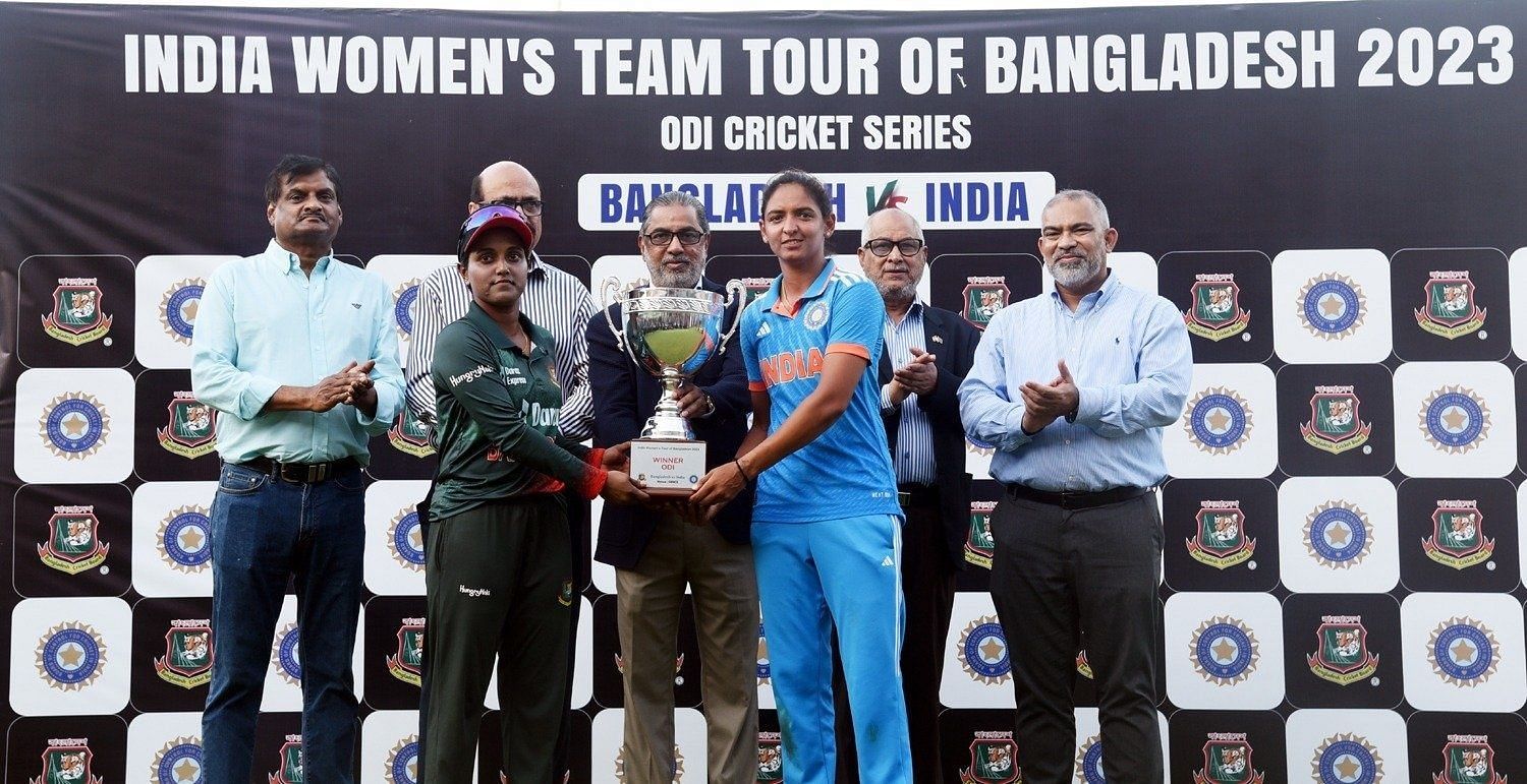 India and Bangladesh captains pose with the trophy after sharing the one-day series. (Pic: BCCI)