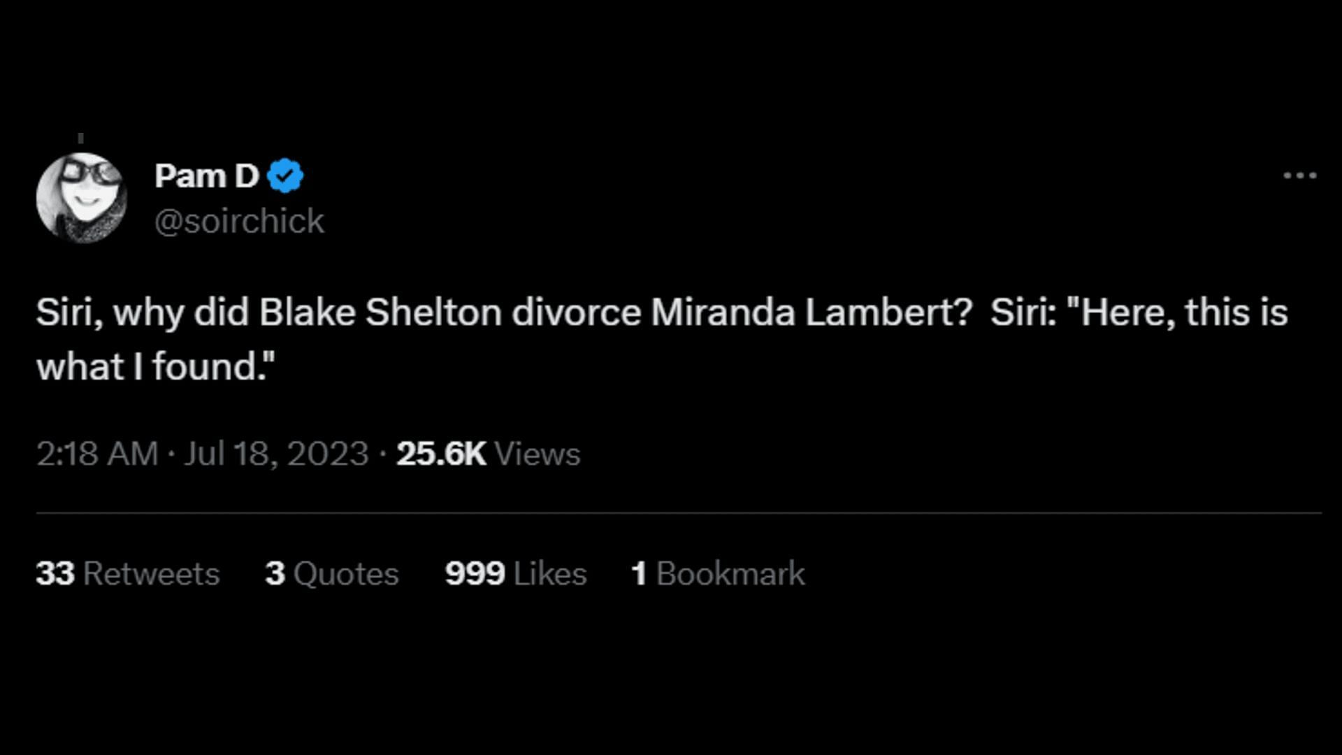 A netizen hints that Miranda&#039;s loss of temper is the reason behind her divorce. (Image via Twitter/Pam D)