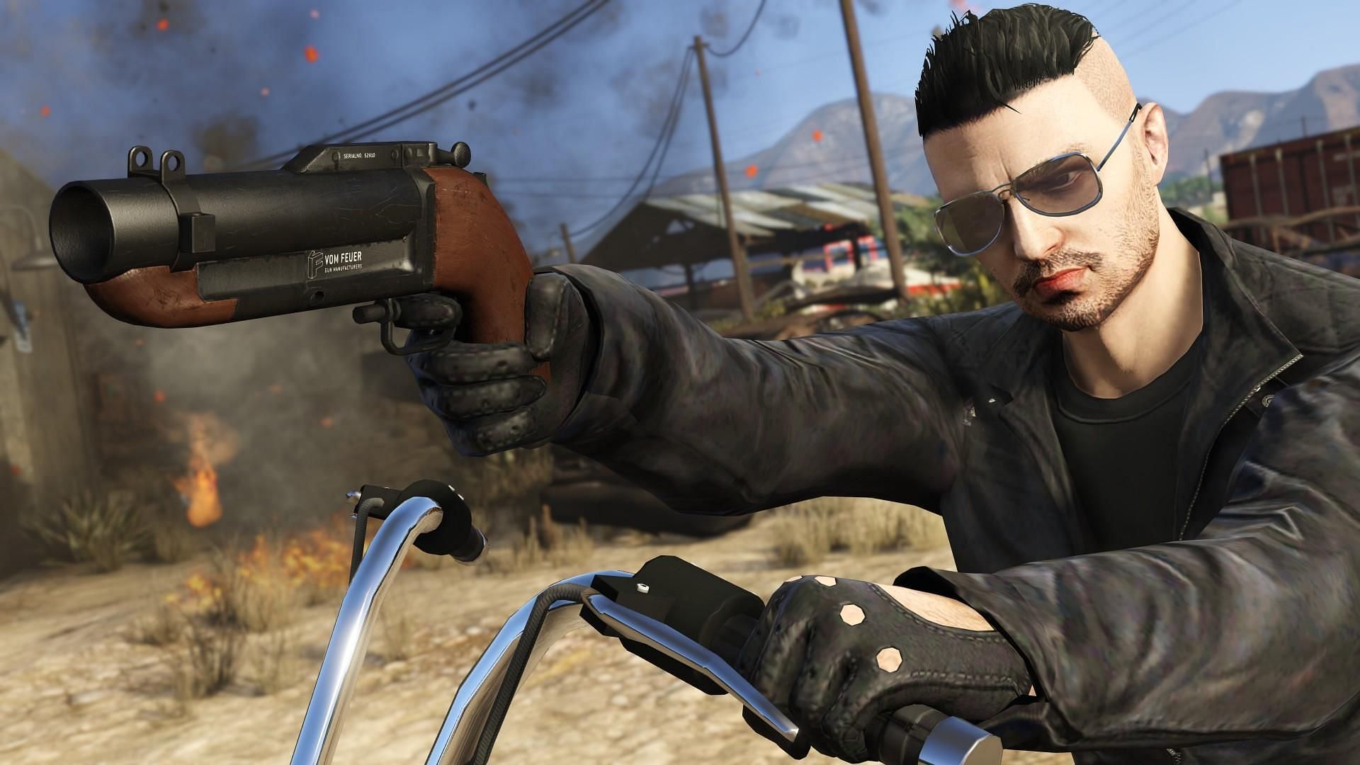 A Biker using a Compact Grenade Launcher (Image via Rockstar Games)