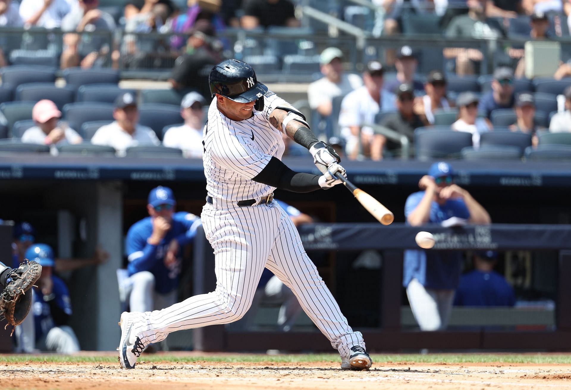 Gleyber Torres of the New York Yankees bats against the Kansas City Royals during a game at Yankee Stadium