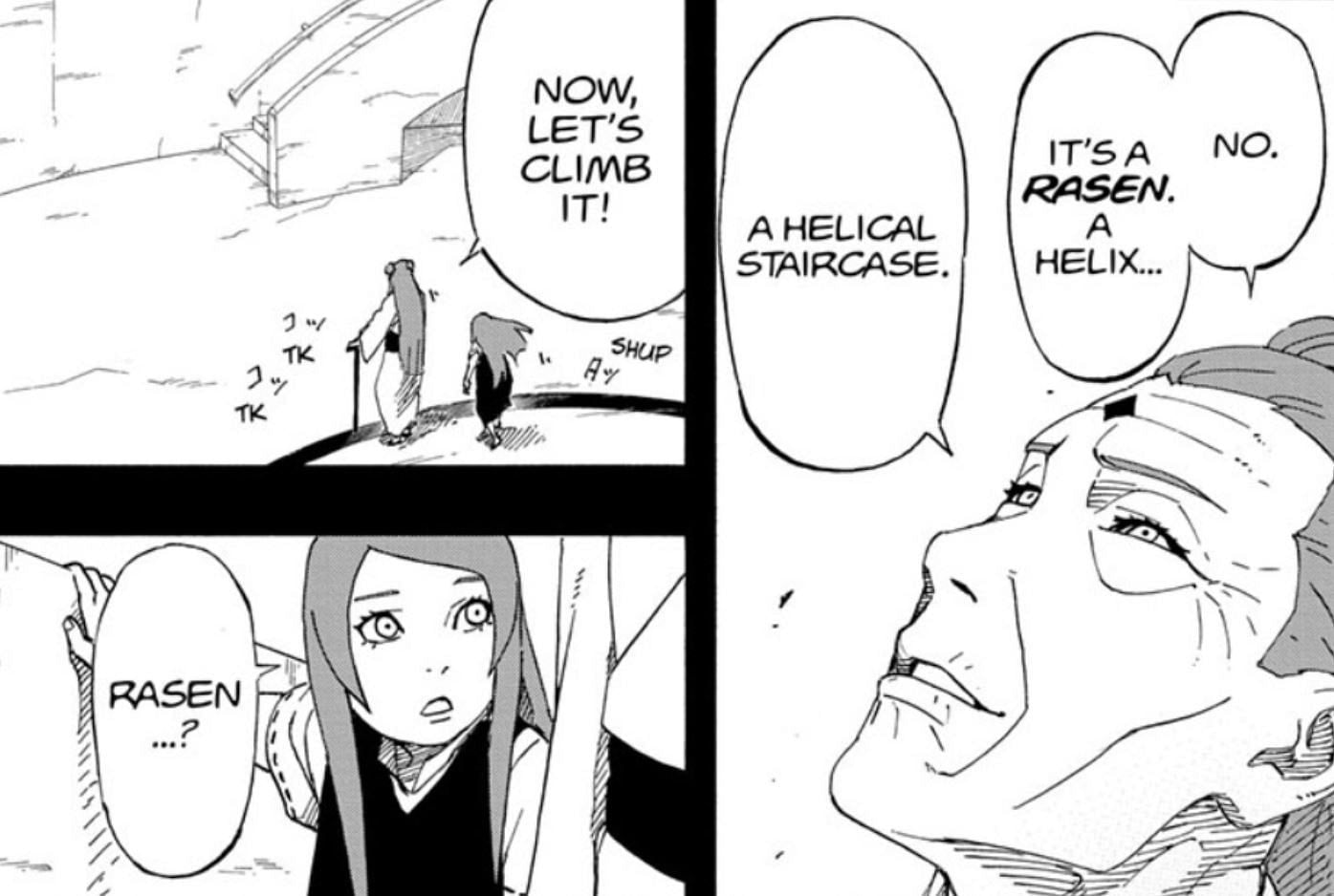 Mito showing Kushina the helical staircase at the place of her residence as a Jinchuriki (Image via Shueisha)