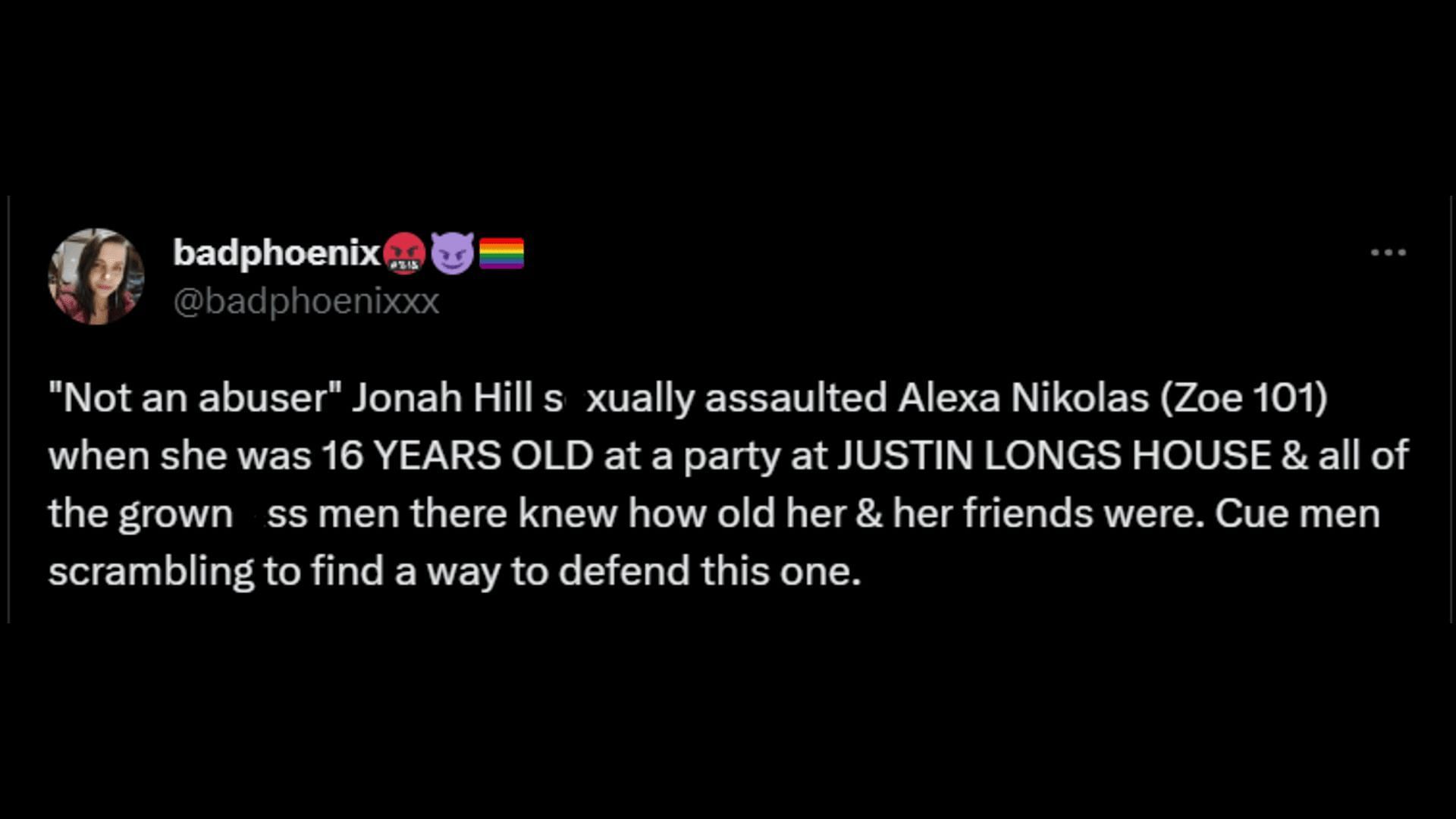 A netizen saying how men will try to defend Jonah Hill despite his abusive patterns. (Image via Twitter/badphoenix)