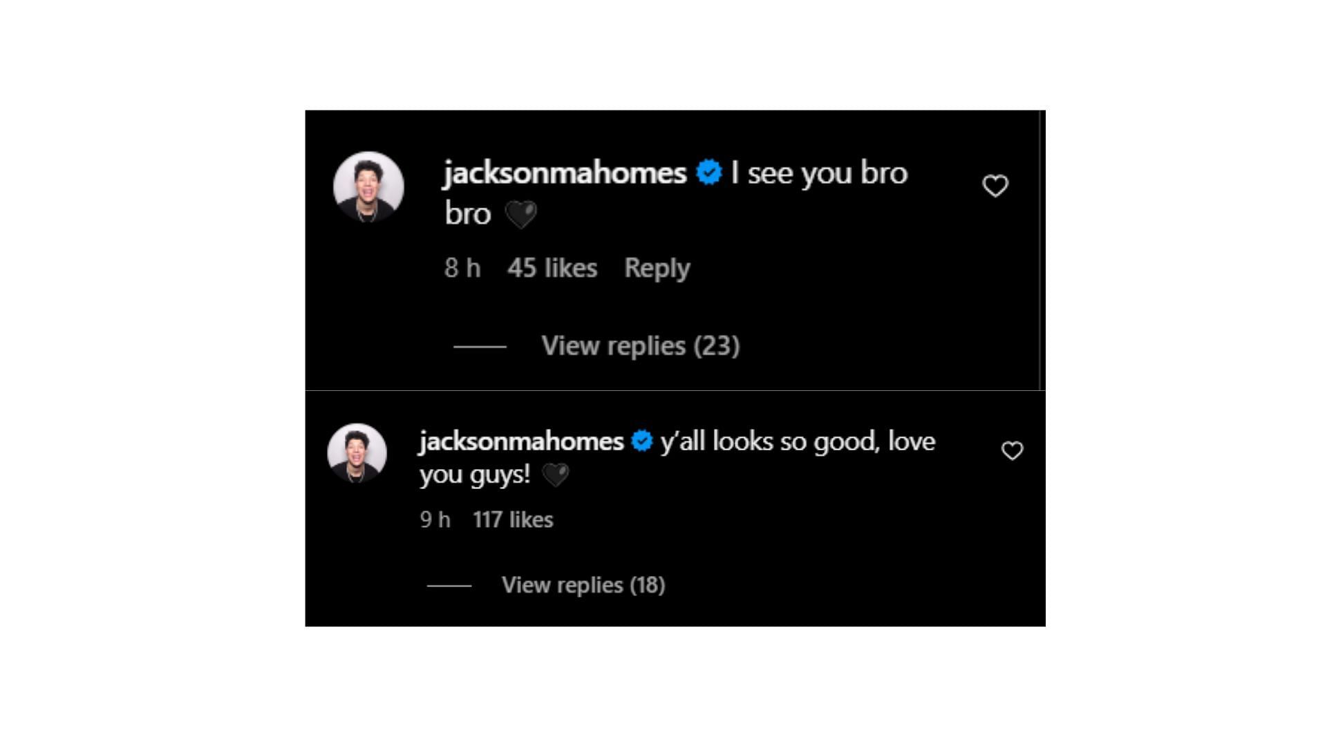 Jackson&#039;s first comment is from Patrick&#039;s post and second from his SIL&#039;s (Image Credit: Patrick and Brittany Mahomes&#039; posts&#039; comment section).