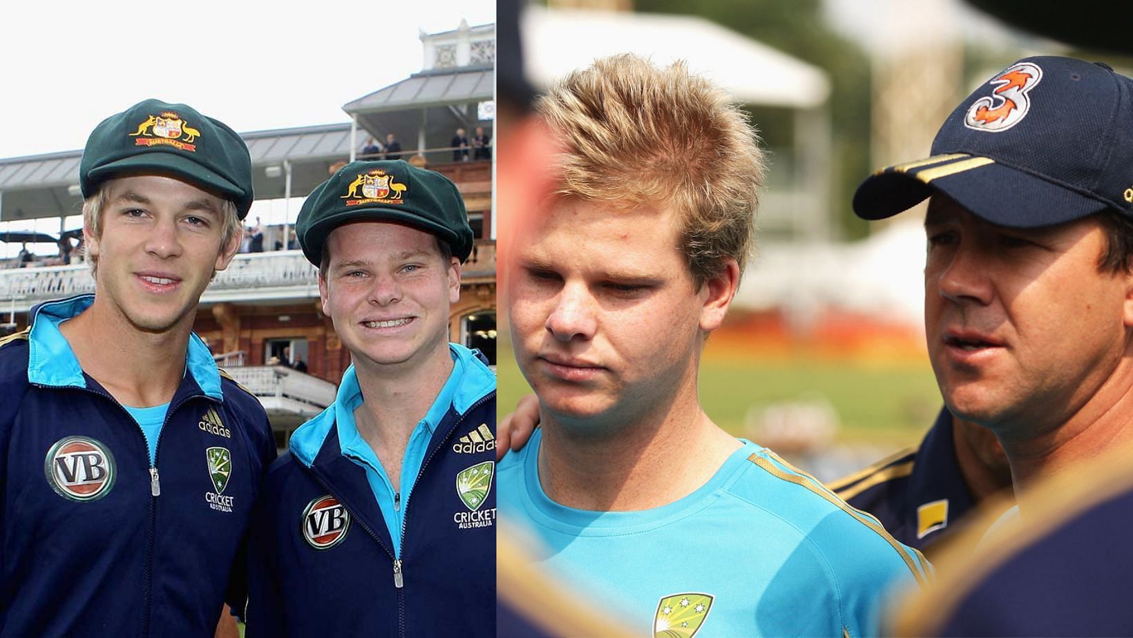 Steve Smith with Tim Paine on debut (L) and with Ricky Ponting in an Australian hurdle.