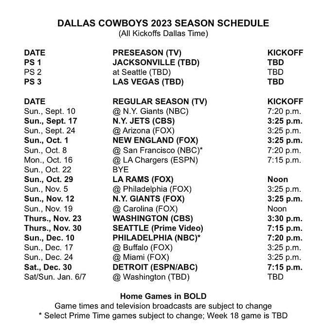 2020 Dallas Cowboys Schedule