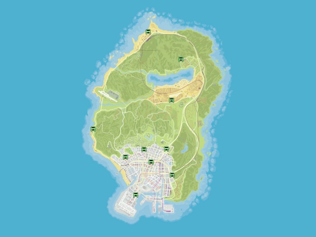 Map showing all possible spawn locations for the Armored Truck event in the game (Image via GTAWeb)
