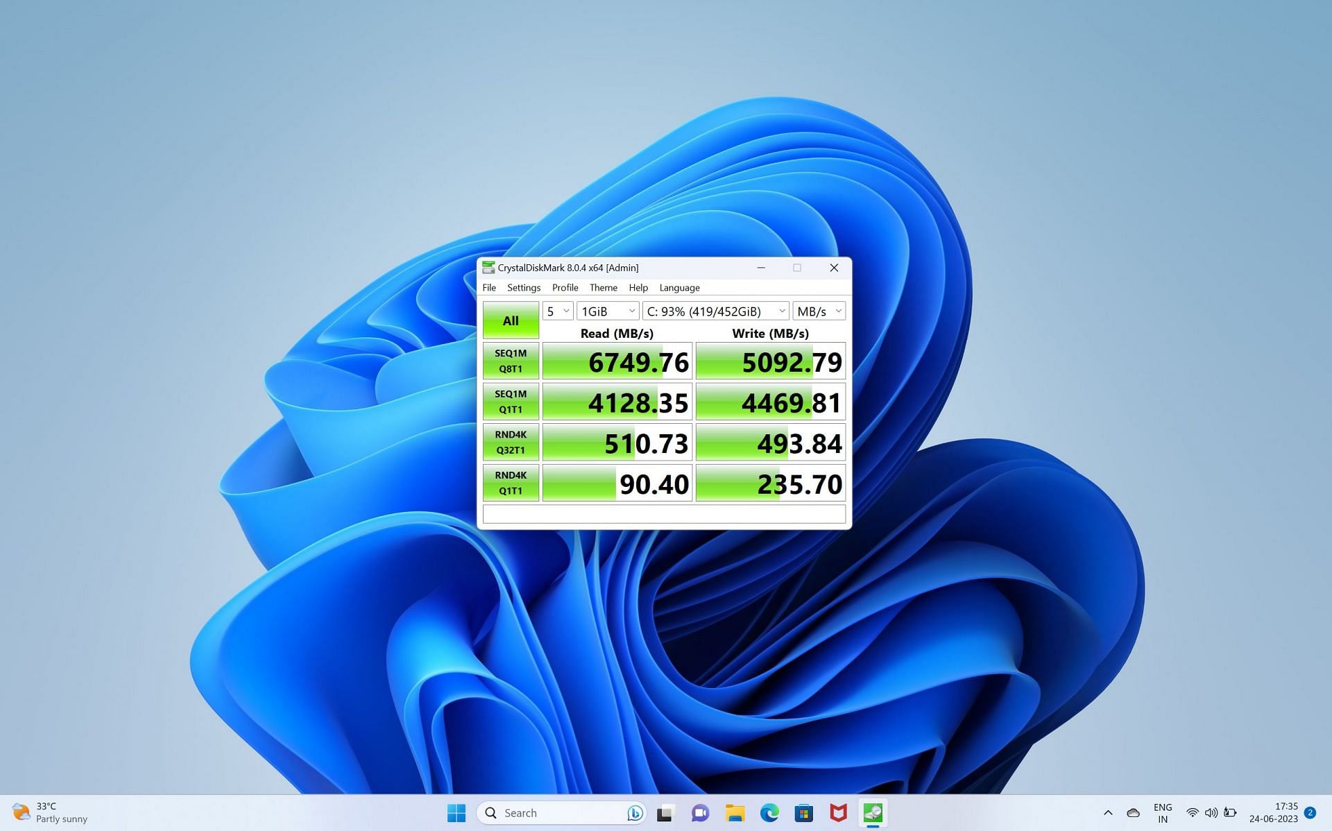 CrystalDiskMark results of the SSD (Image via Sportskeeda)