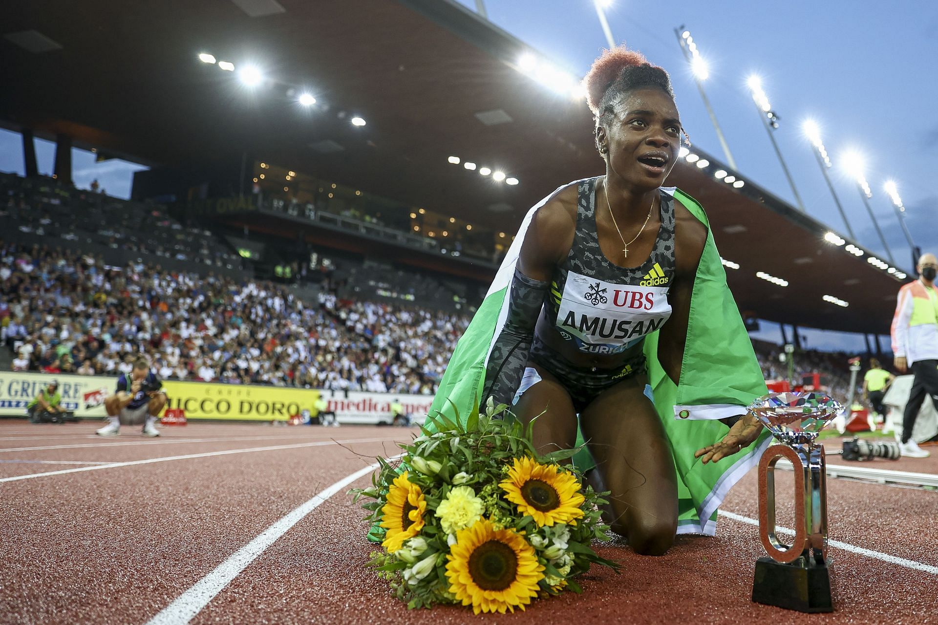 Tobi Amusan after winning the 100m hurdles final in the 2021 Diamond League at Zurich, Switzerland