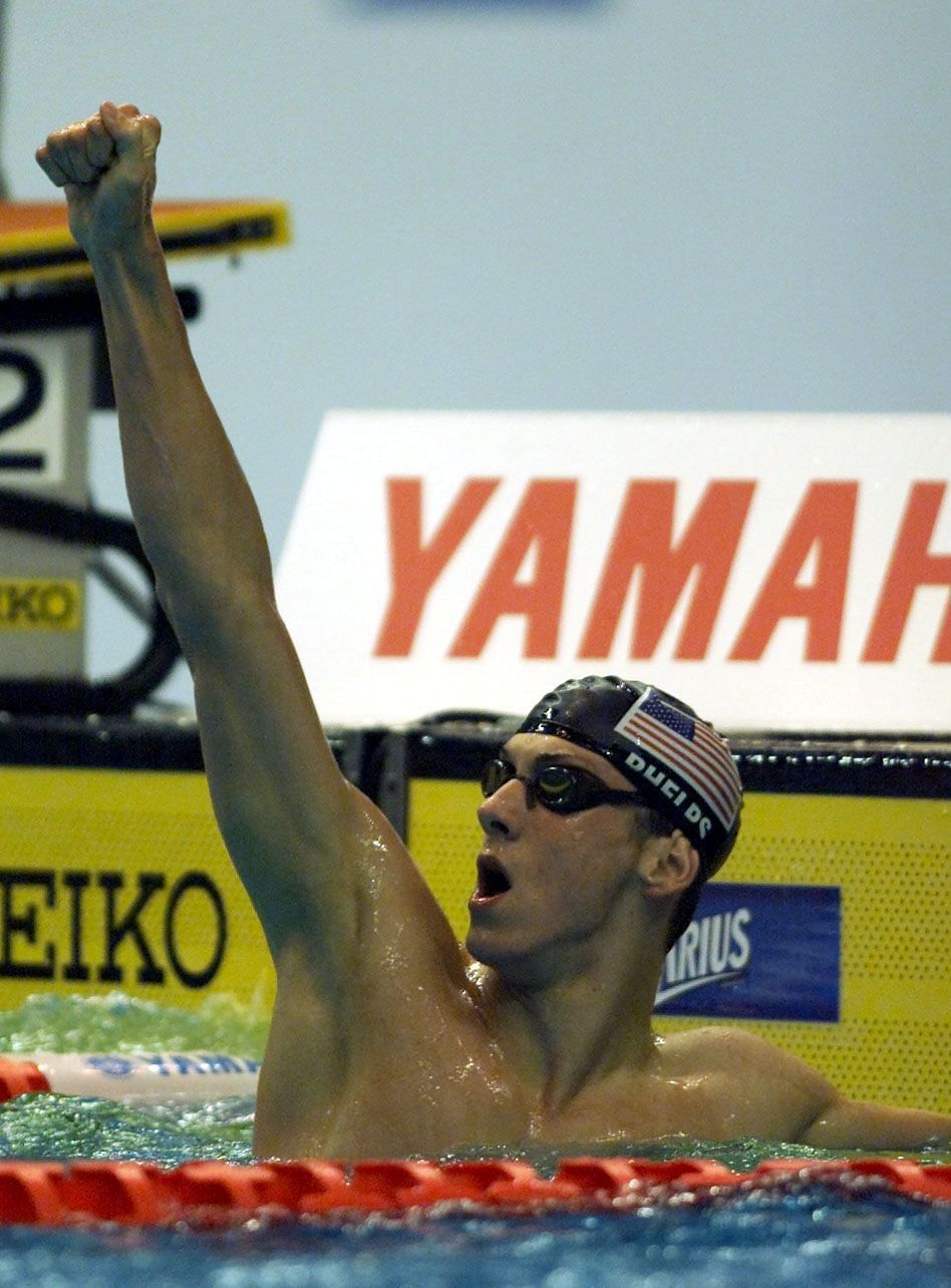 Michael Phelps after setting a world record at the 2001 Championships
