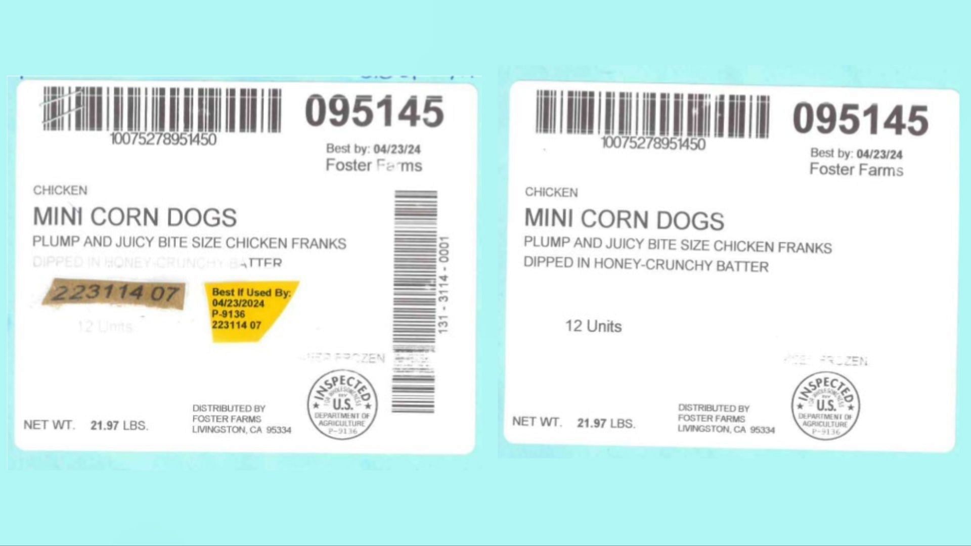 Front and back side of the affected packets of Foster Farm mini corn dogs (Image via FSIS)