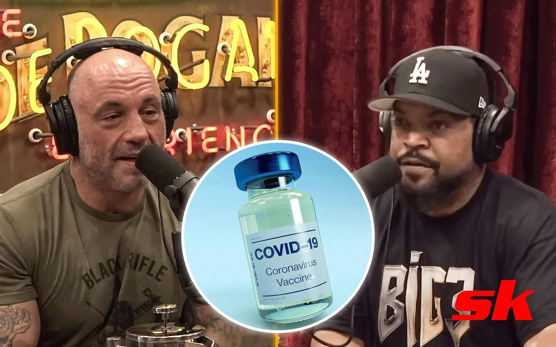 Joe Rogan and Ice Cube (Left and Right); COVID-19 vaccine representational image (Middle) [*Image courtesy: left and right images via MMA Sound YouTube channel; middle image via @random__images Twitter]