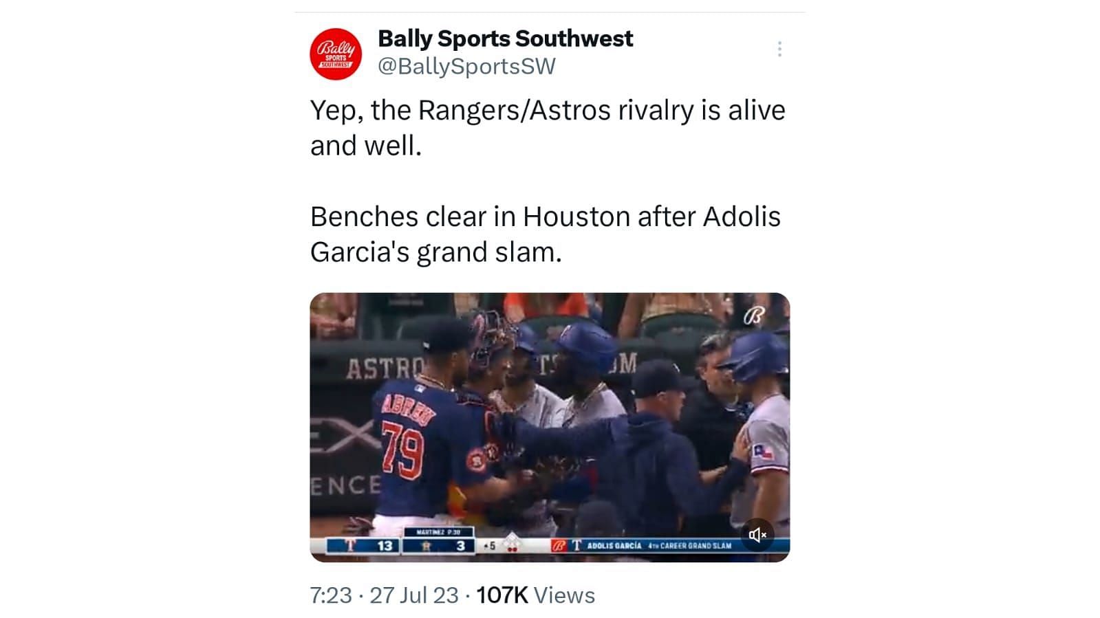 &quot;Yep, the Rangers/Astros rivalry is alive and well.Benches clear in Houston after Adolis Garcia&#039;s grand slam.&quot; - the post read