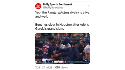 "Yep, the Rangers/Astros rivalry is alive and well.Benches clear in Houston after Adolis Garcia's grand slam." - the post read