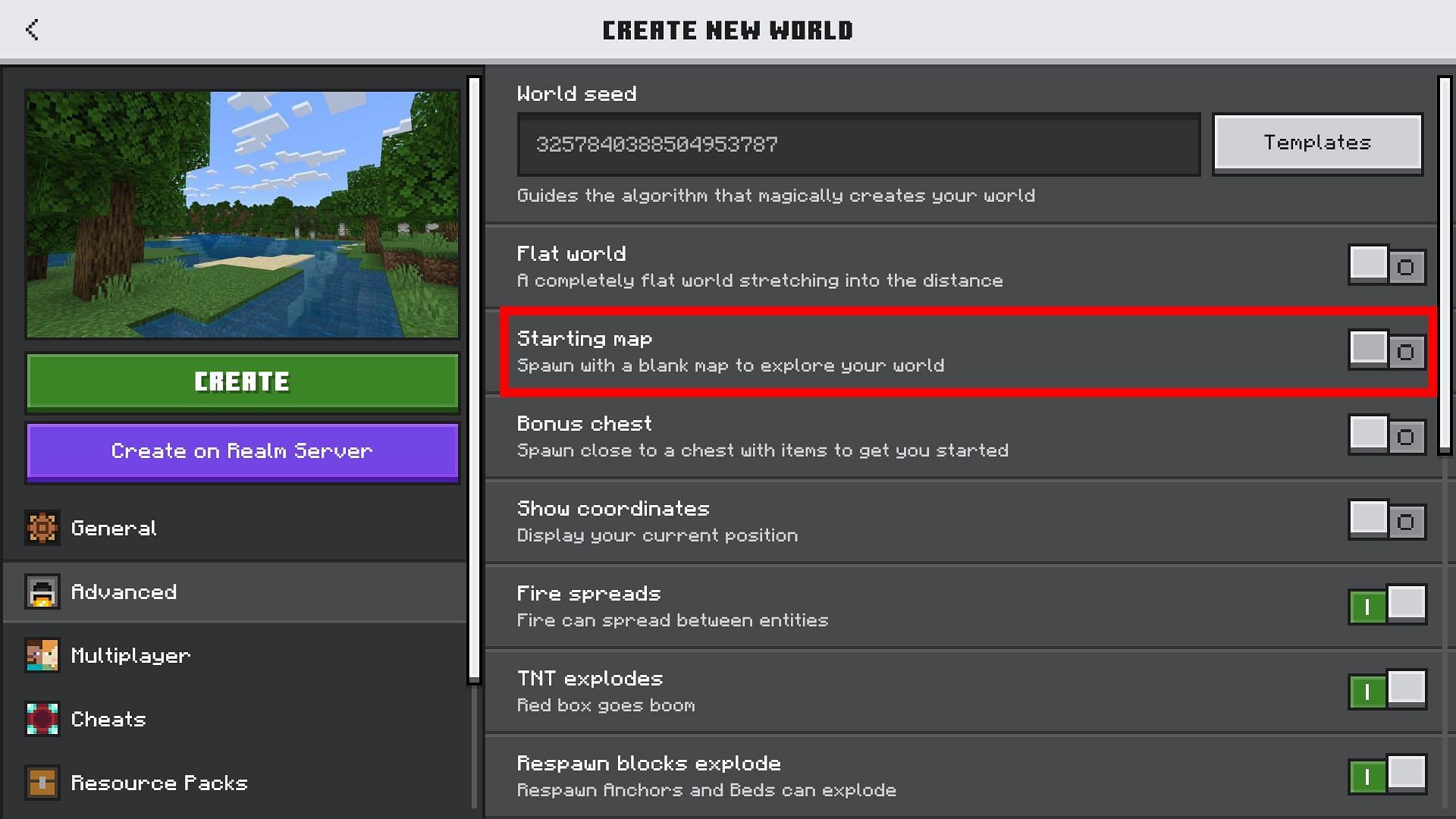 Players can choose to have a starting map in Minecraft Bedrock Edition (Image via Mojang)