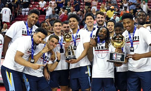 The Memphis Grizzlies celebrating the 2019 NBA Summer League Championship.