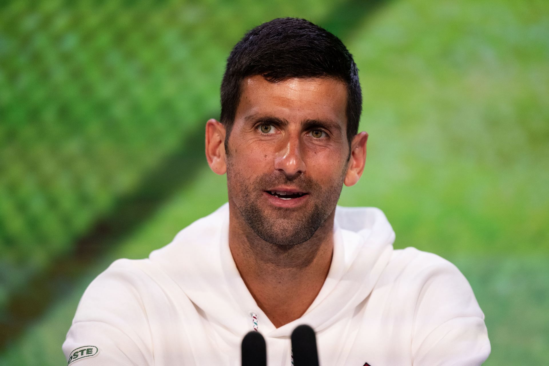 Novak Djokovic pictured at a press conference in Wimbledon 2023.