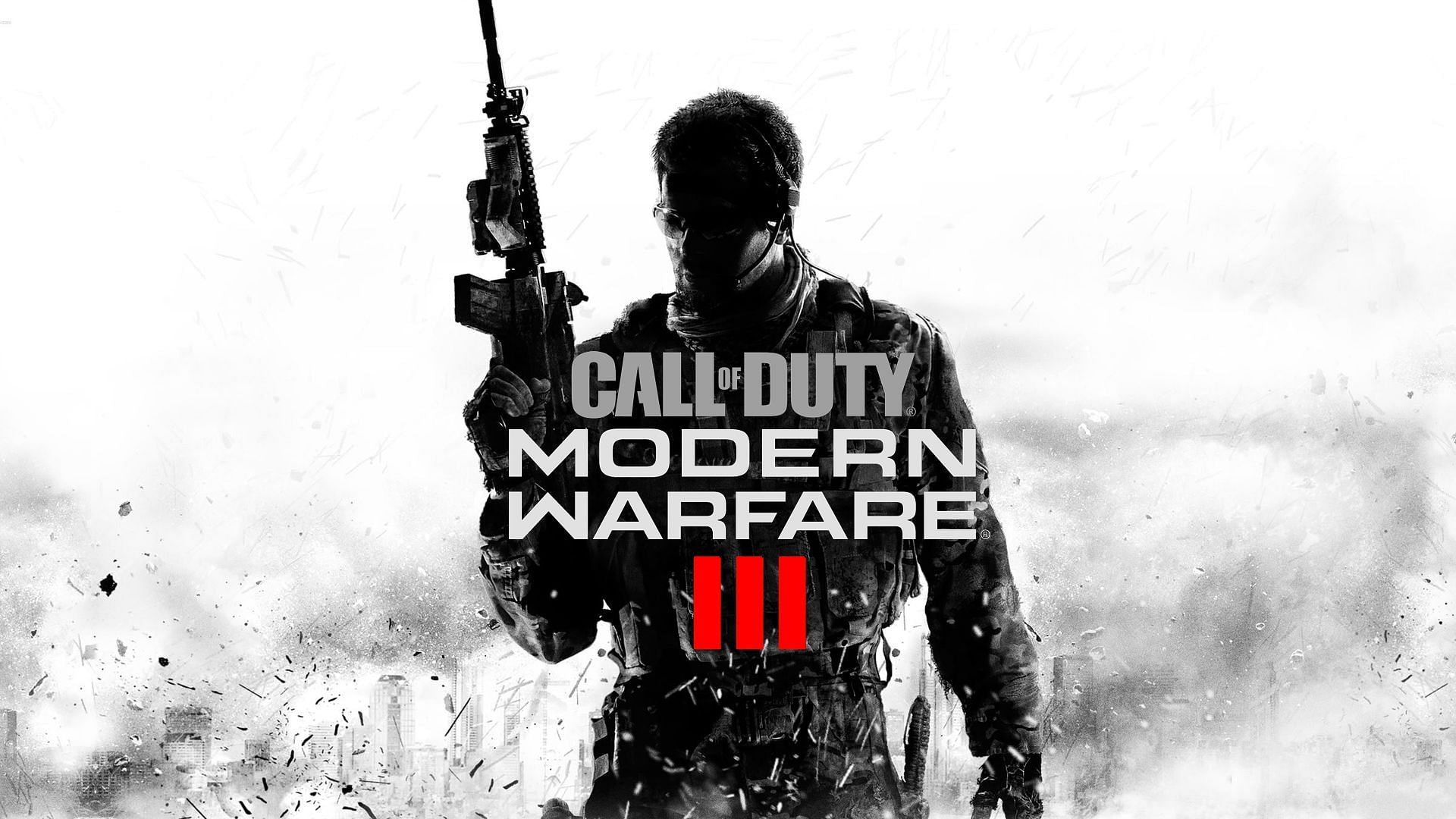 Modern Warfare 3 poster with a white background and silhouetted soldier holding a gun