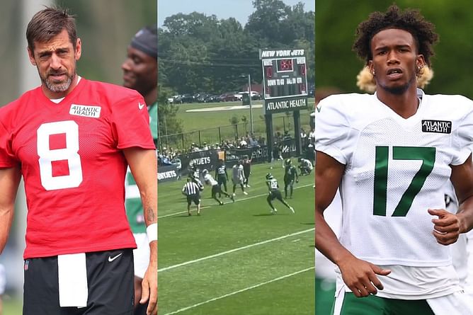 WATCH: Aaron Rodgers, Garrett Wilson go viral after Jets WR’s insane TD catch in training camp