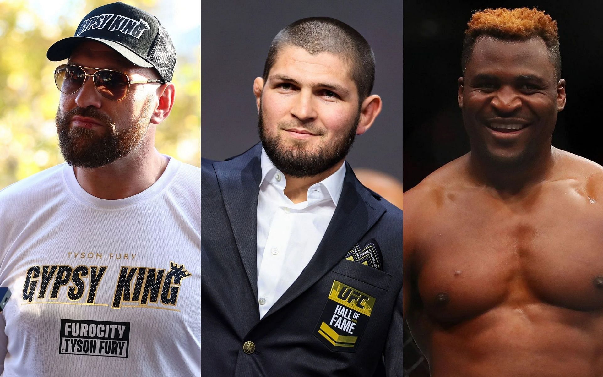 Tyson Fury (L), Khabib Nurmagomedov (M), and Francis Ngannou (R).