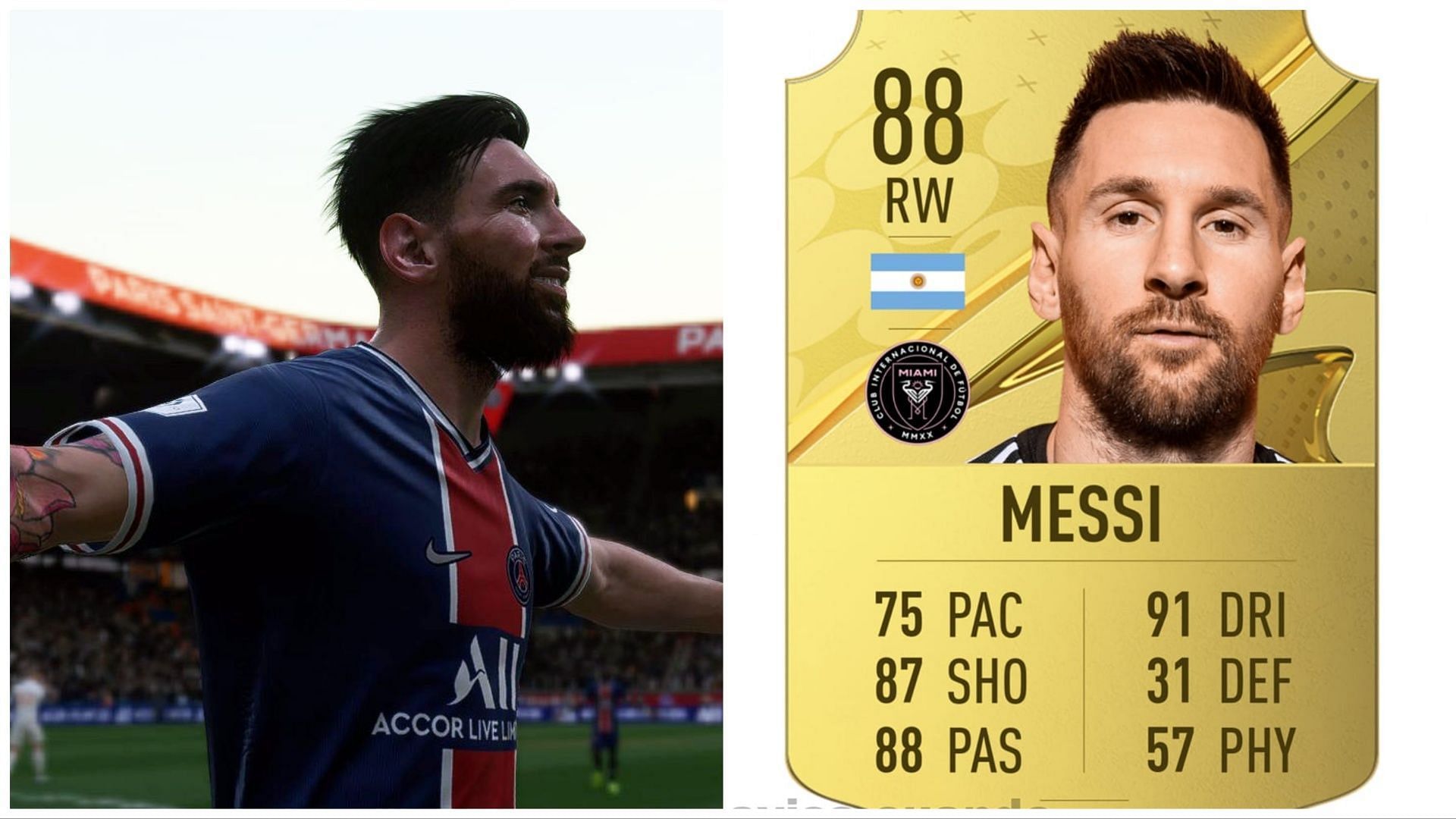 Messi could be downgraded in EA Sports FC 24 (Images via EA Sports and Twitter/TrollFootball)