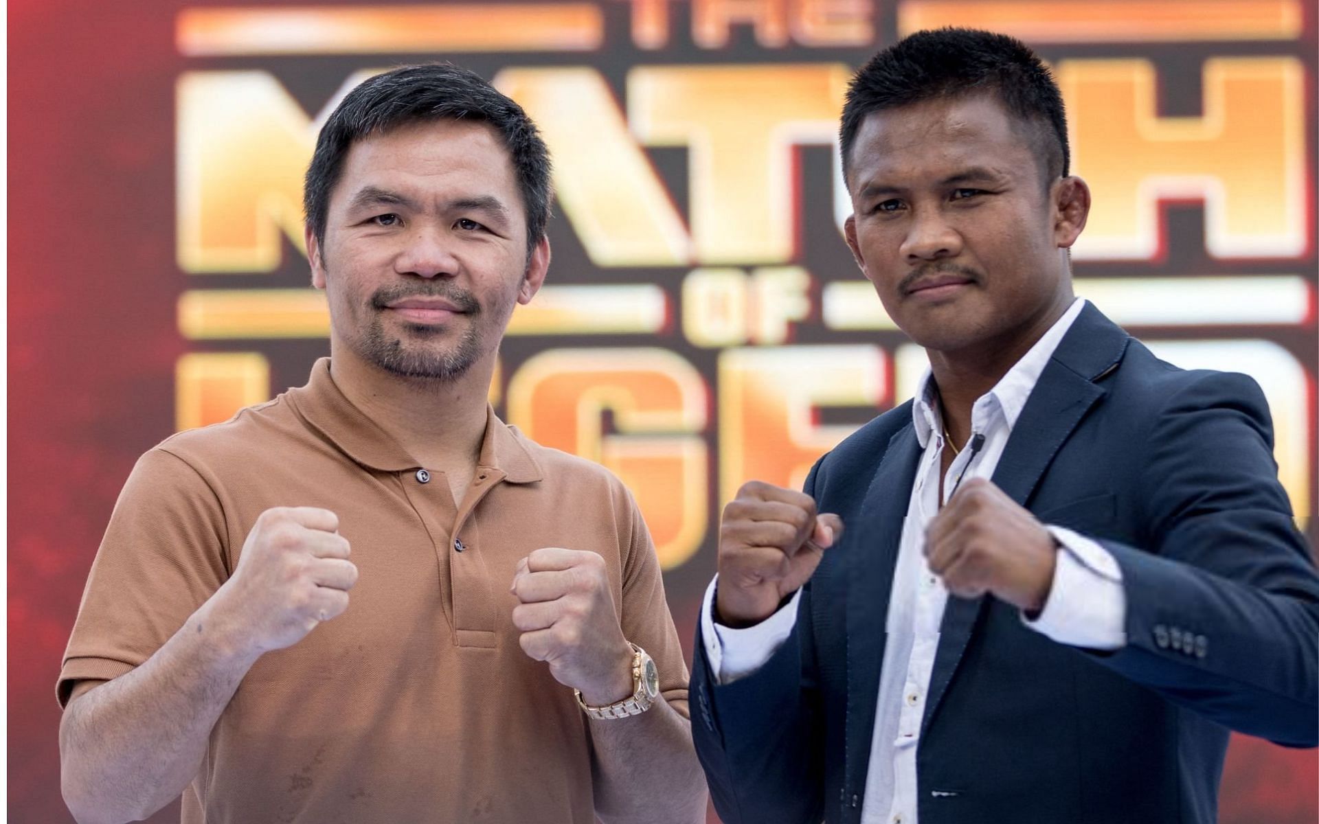 Manny Pacquiao and Buakaw posing at a pre-fight press conference [Image Courtesy: @GettyImages]