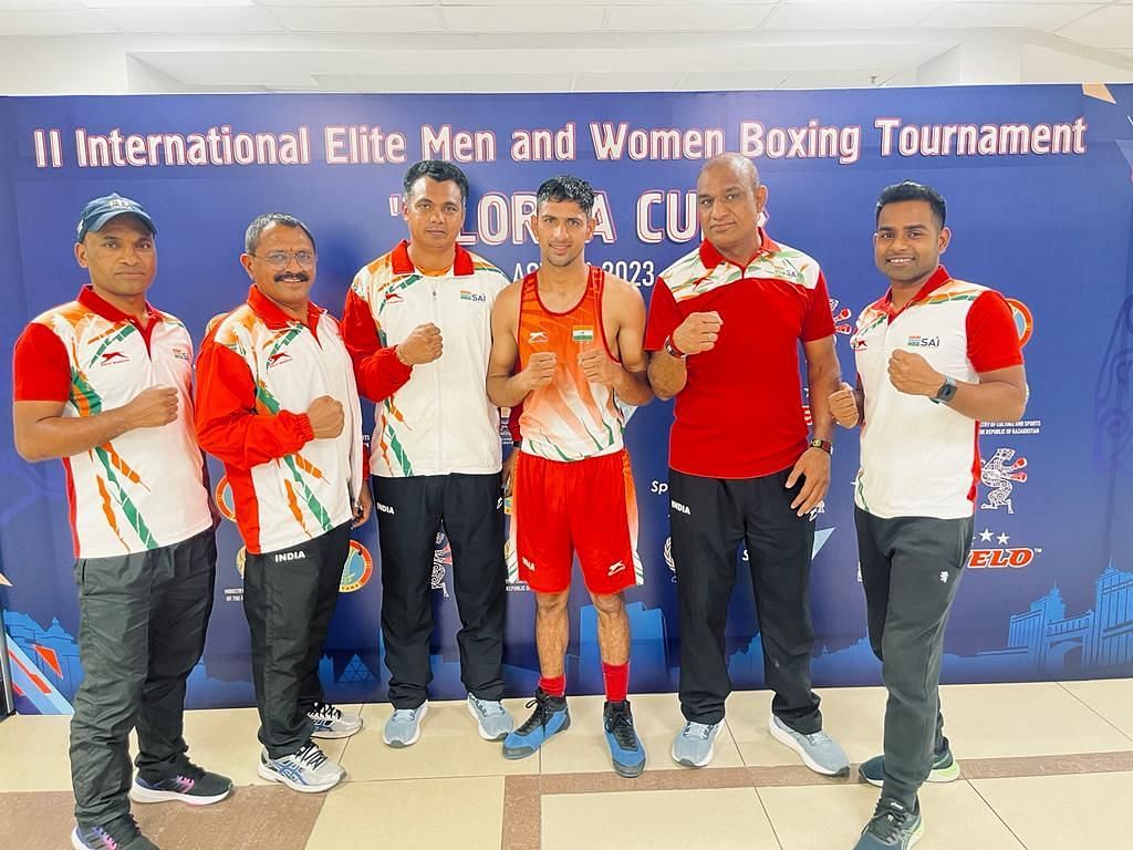 Vijay (60kg) poses after winning the quartefinals bout at the Elorda Cup 2023