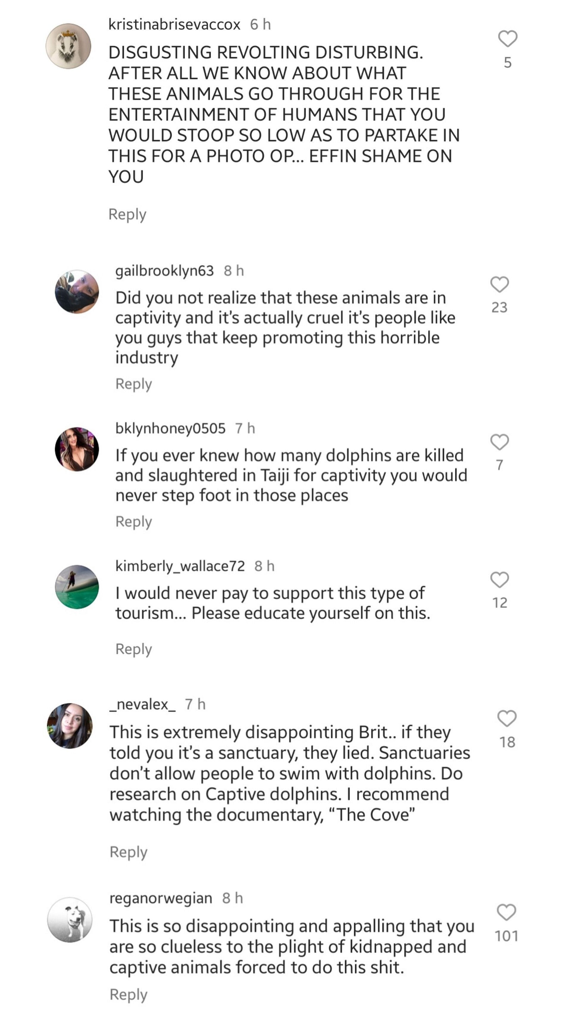 Comments on Brittany Mahomes&#039; Instagram post about spending time with a dolphin.