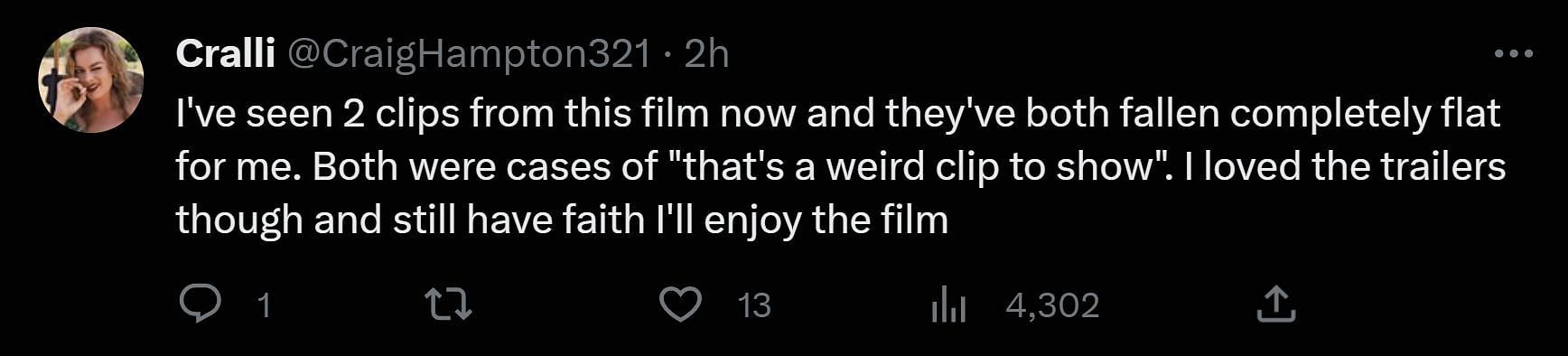 A tweet reply to DF&#039;s post about new clip from the Margot Robbie starrer (Image via Twitter)