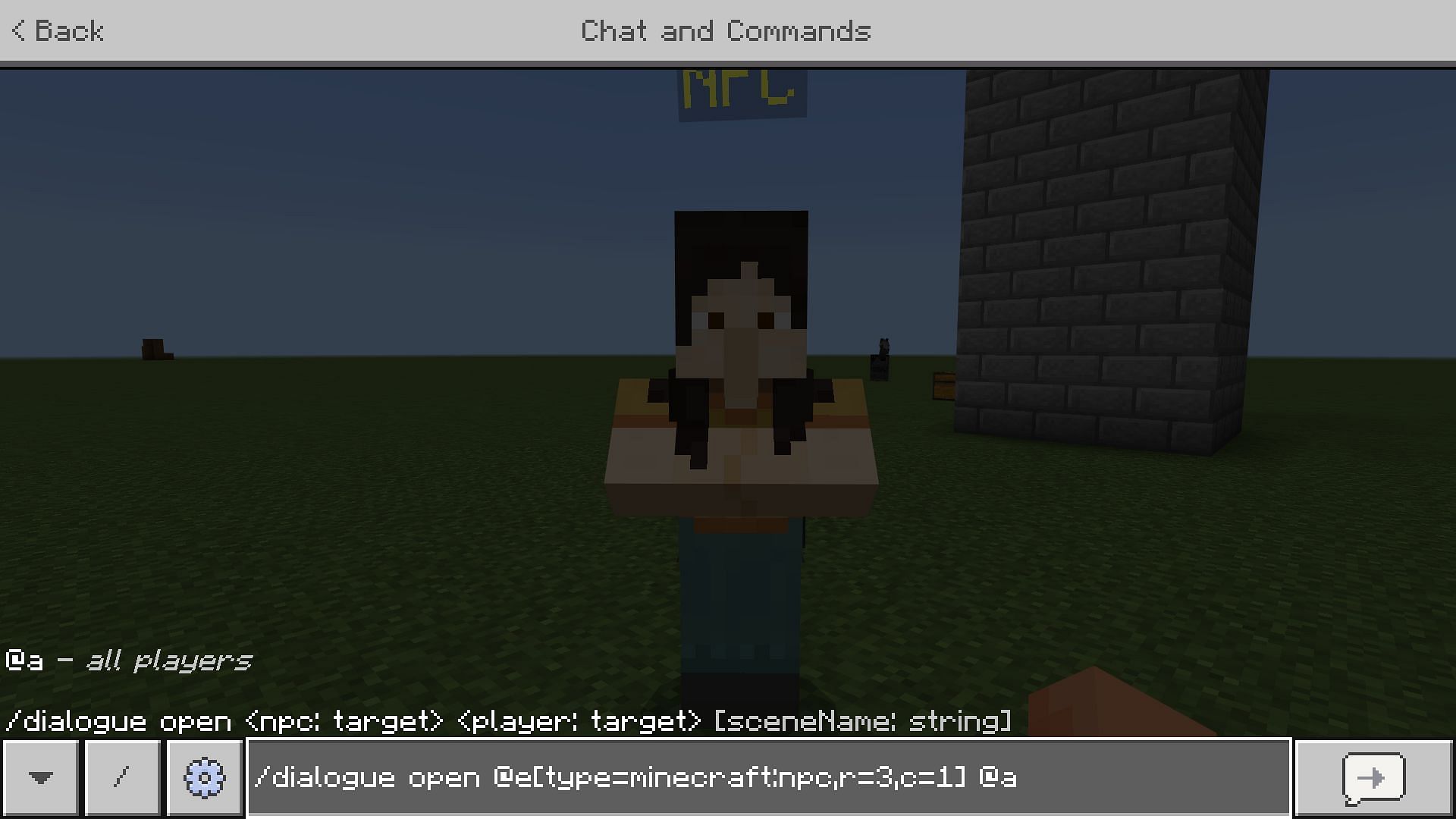 Dialogue command to basically activate the dialogue of the NPC entity in Minecraft Bedrock Edition (Image via Mojang)