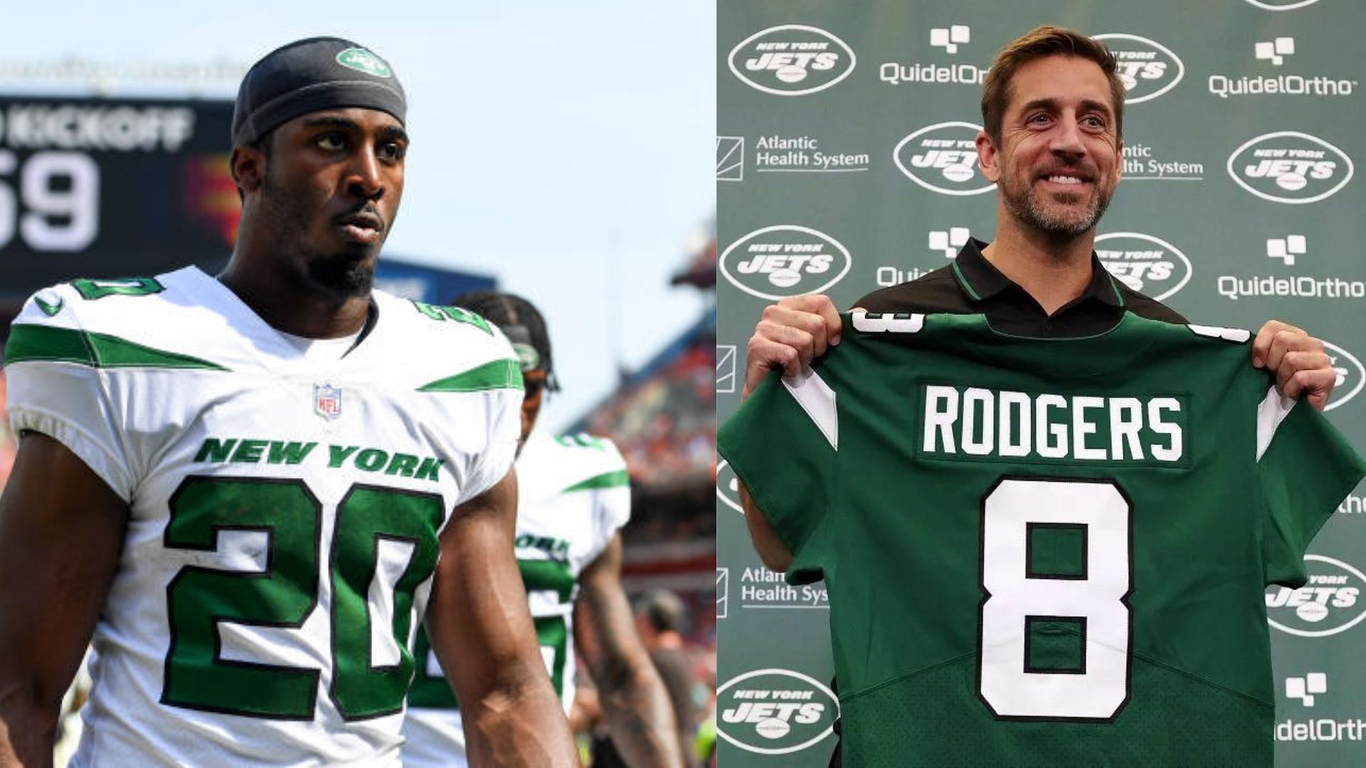 Jets RB Breece Hall (L) could be back Week One with the team and QB Aaron Rodgers (R)