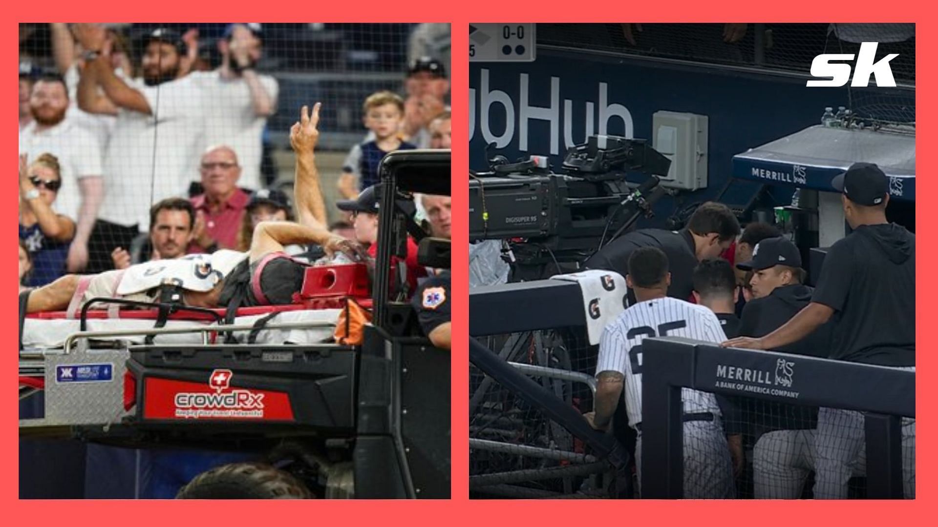 New York Yankees cameraman was carted off the field after being hit with a ball