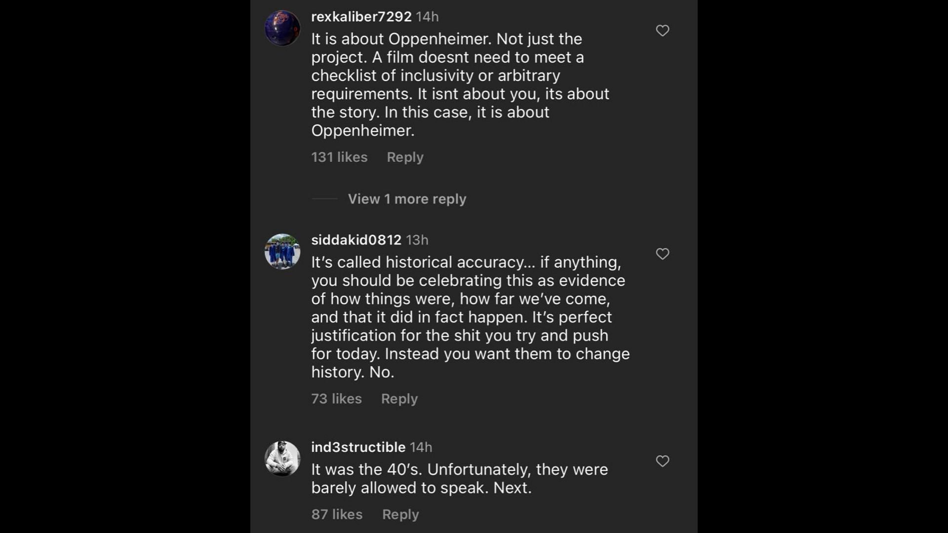 Screenshot of Internet users remarking on Roth&#039;s remarks on Christopher Nolan&#039;s new film. (Photo via @pubitylatest/Instagram)