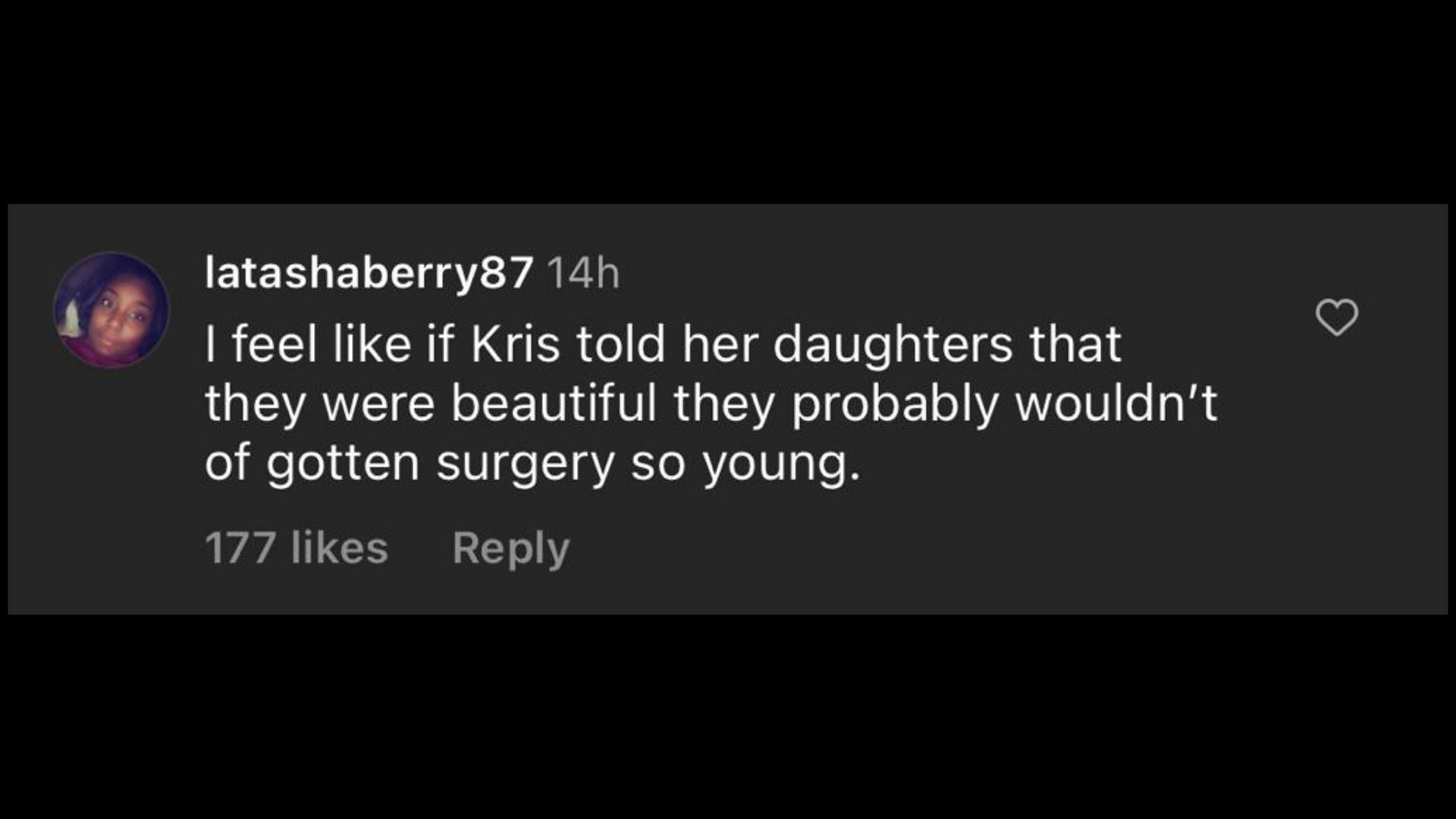 Screenshot of an Internet user remarking on Jenner&#039;s confession about going under the knife. (Photo via @TheShadeRoom/Instagram)