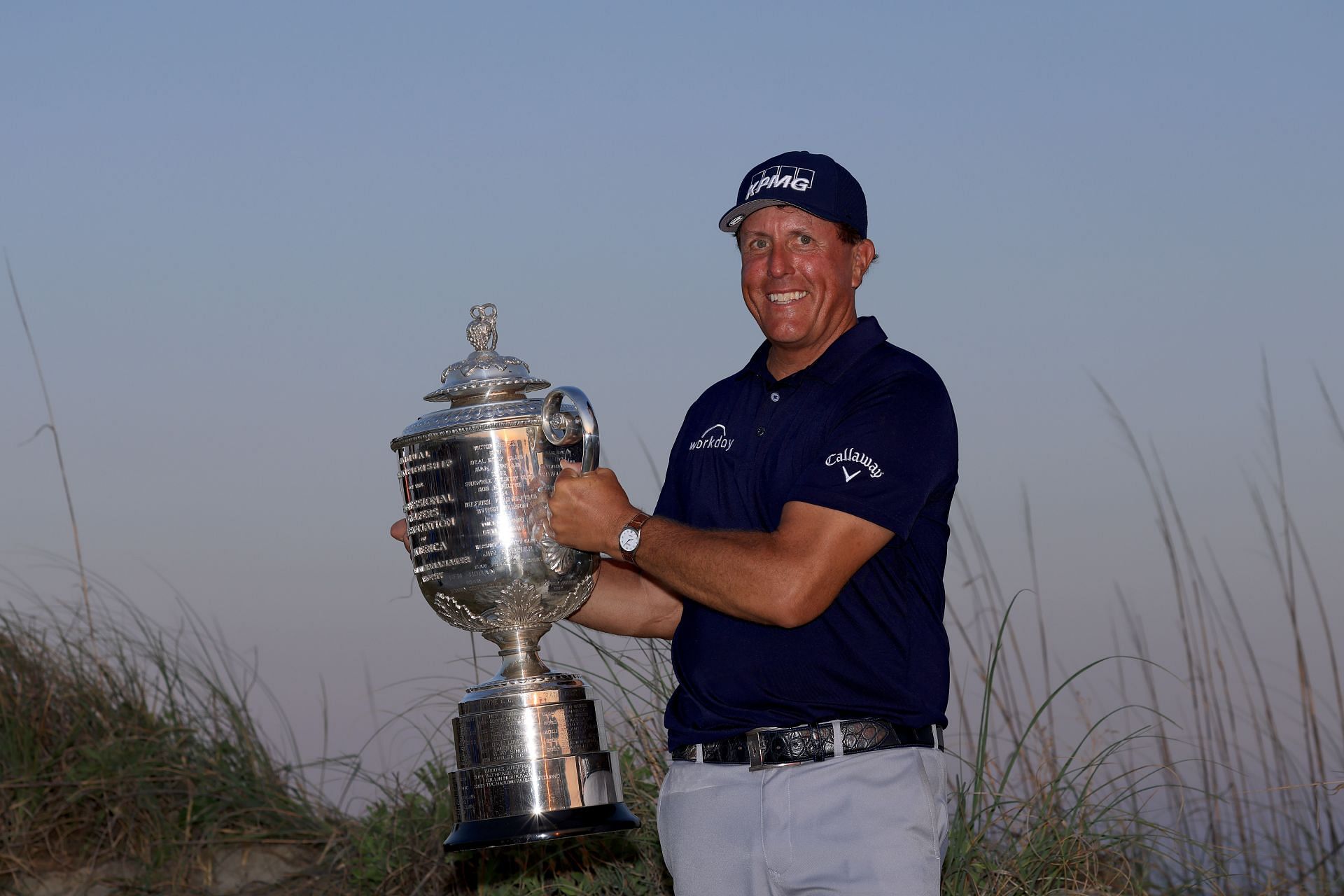 Phil Mickelson holding the PGA Championship trophy, 2021 (via Getty Images)