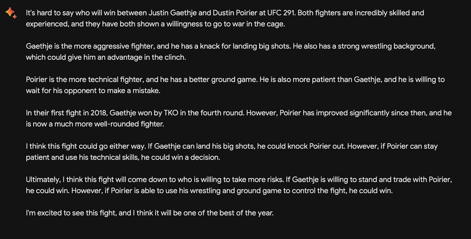 Google's Bard AI predicts who will win between Justin Goethe and Dustin Poirier at UFC 291