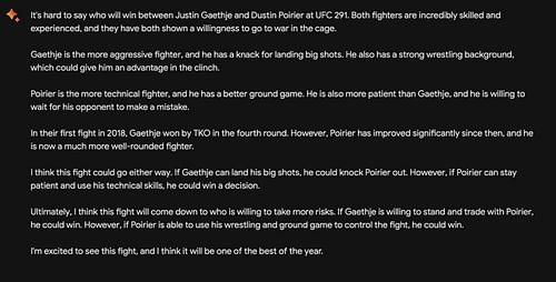 Google's Bard AI predicts who will win between Justin Goethe and Dustin Poirier at UFC 291