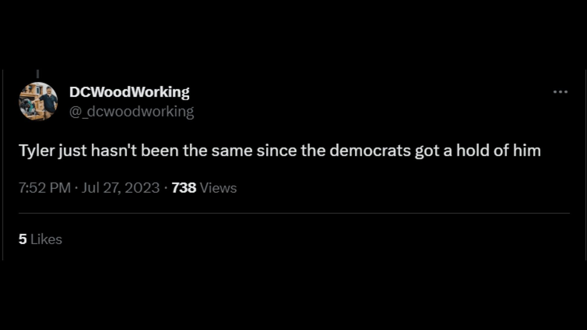 A netizen trolls Tyler for turning into a Democrat. (Image via Twitter/DCWoodWorking)