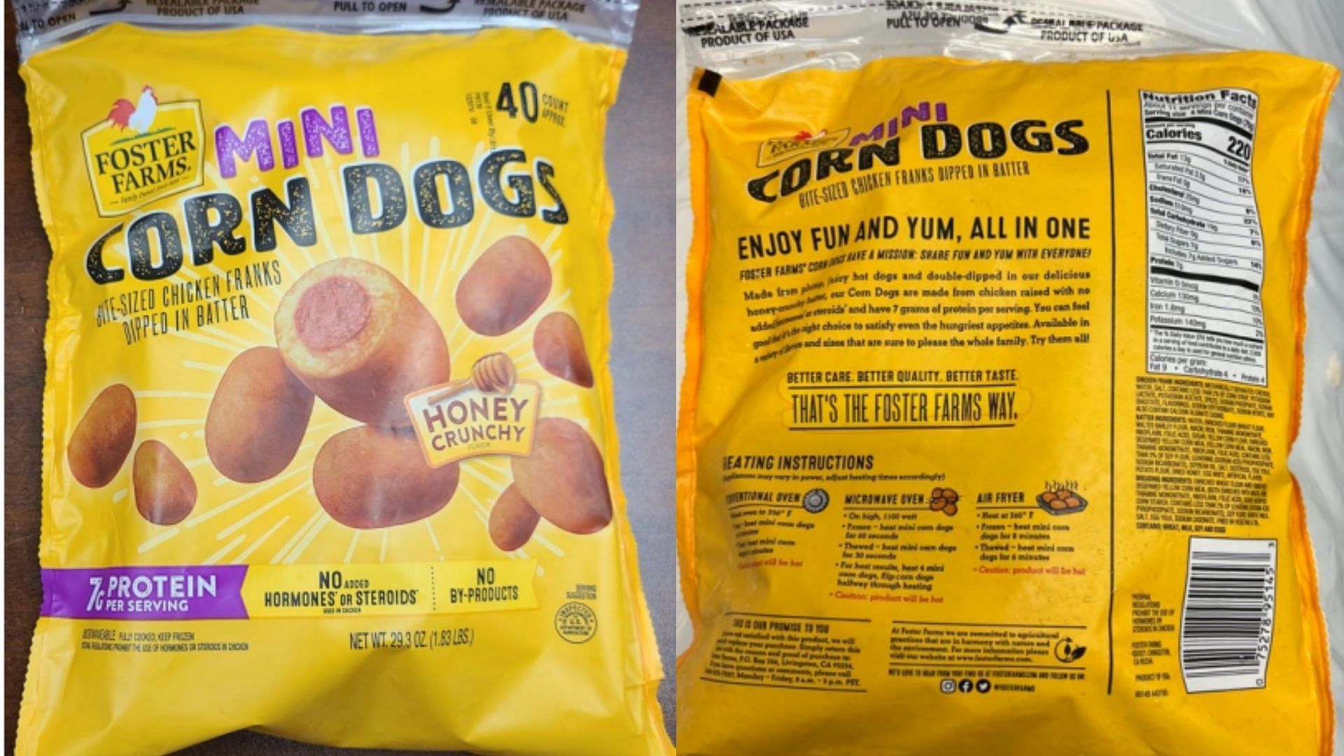 Labels with all details about the affected Foster Farms Mini Corn Dogs Bite-sized Chicken Franks Dipped in Batter Honey Crunchy Flavor (Image via FSIS)