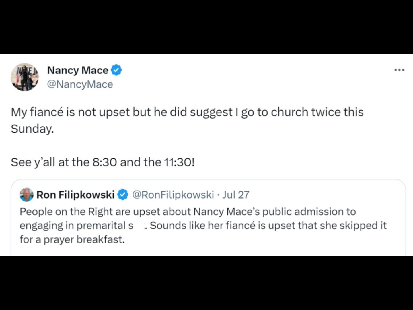 Rep. Mace responds to tweets talking about her remark at the prayer breakfast. (Image via Twitter/@NancyMace)