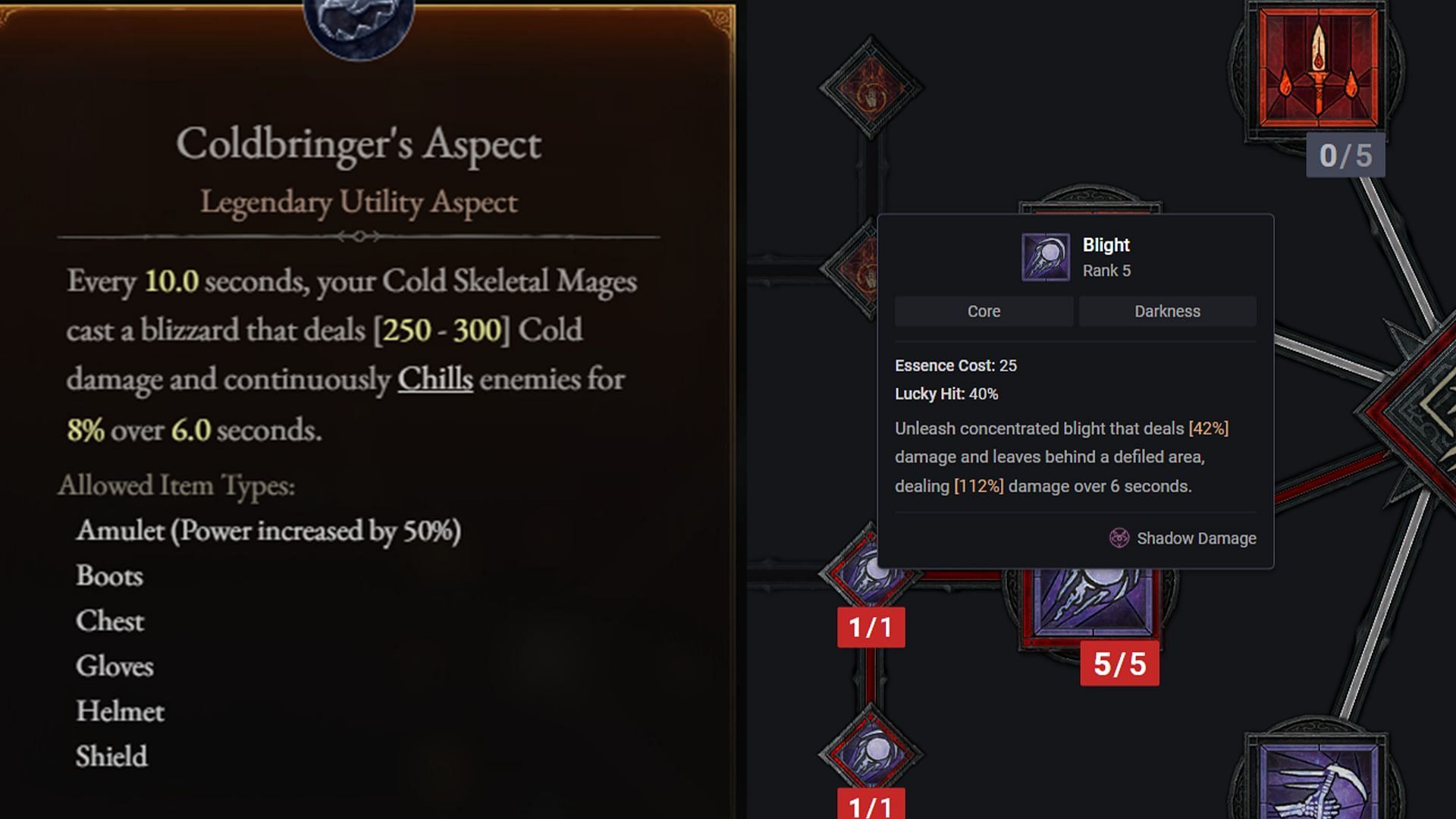 Pair Blight with the Coldbringer&#039;s Aspect (Image via D4builds.gg, d4planner.io)