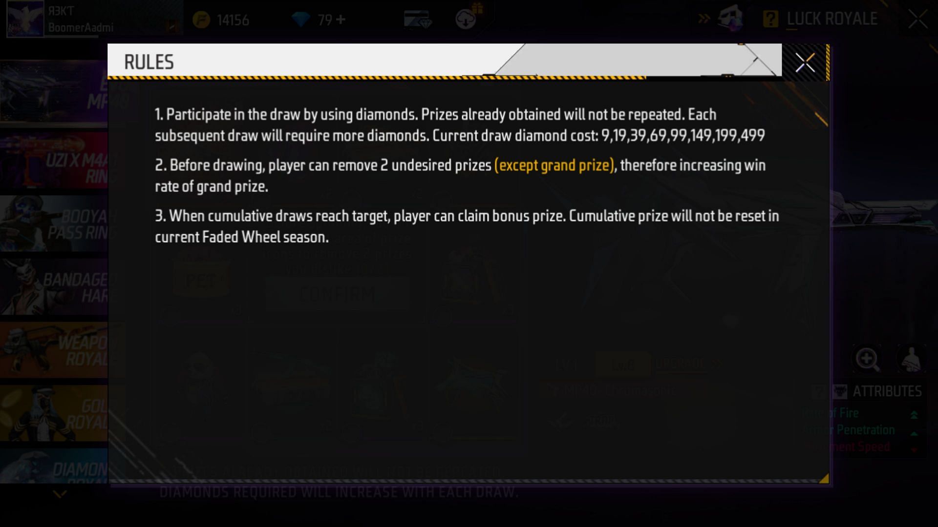 The event rules for the newly added Faded Wheel (Image via Garena)